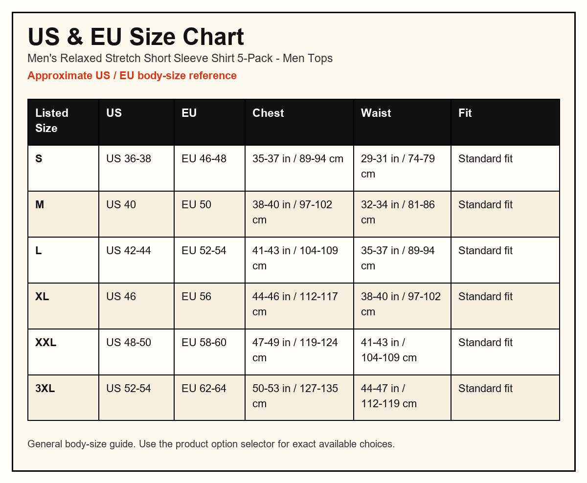 Men's Relaxed Stretch Short Sleeve Shirt 5-Pack US and EU size chart