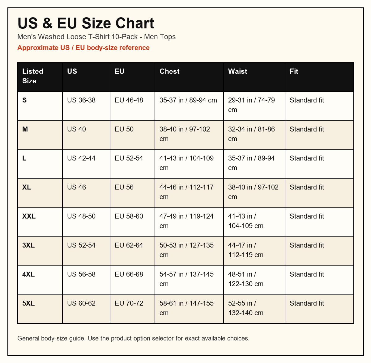 Men's Washed Loose T-Shirt 10-Pack US and EU size chart