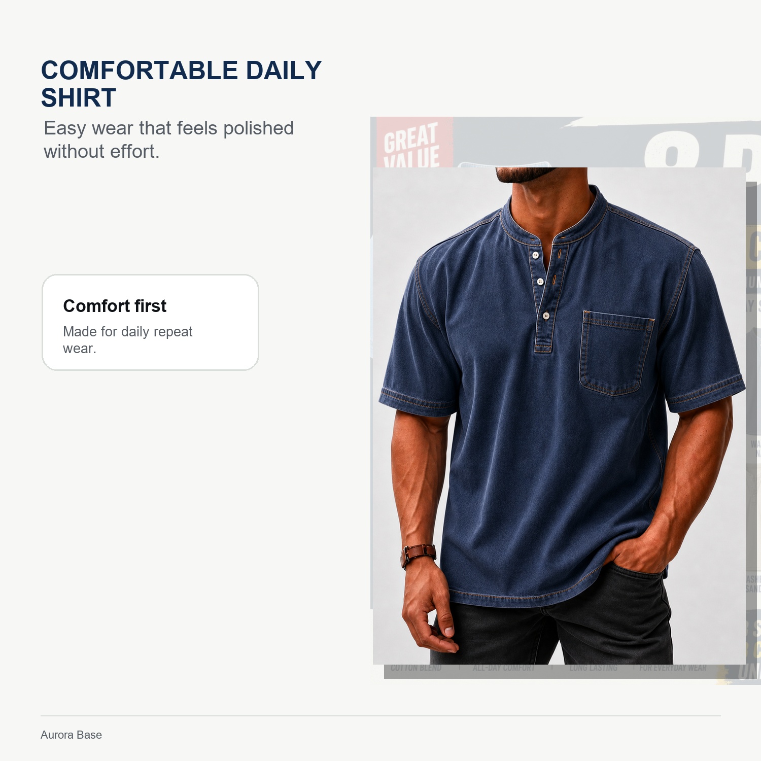 Aurora Base 8-Piece Men's Washed Stand Collar Henley Shirts, Short Sleeve Relaxed Fit Pocket Tops comfort detail image
