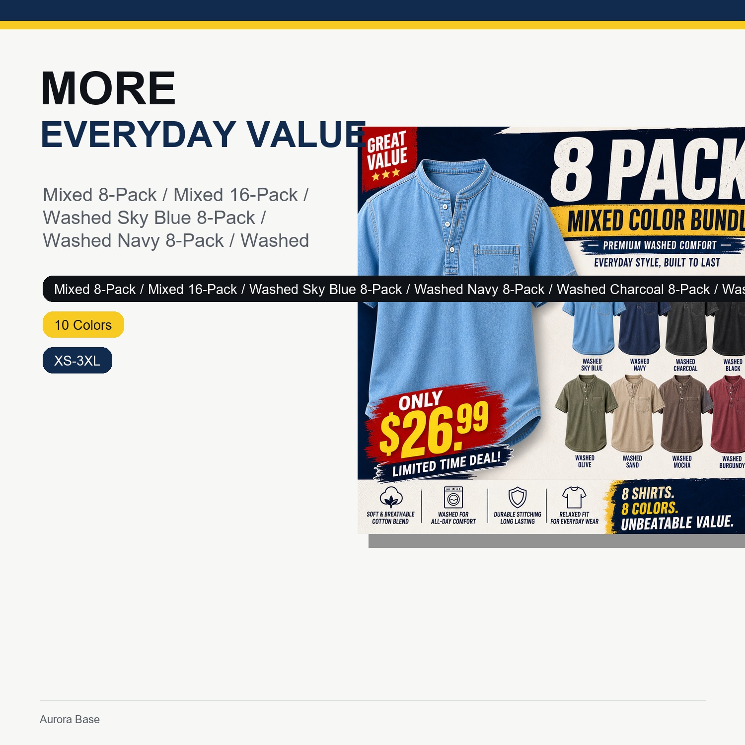 Aurora Base 8-Piece Men's Washed Stand Collar Henley Shirts, Short Sleeve Relaxed Fit Pocket Tops hero detail image