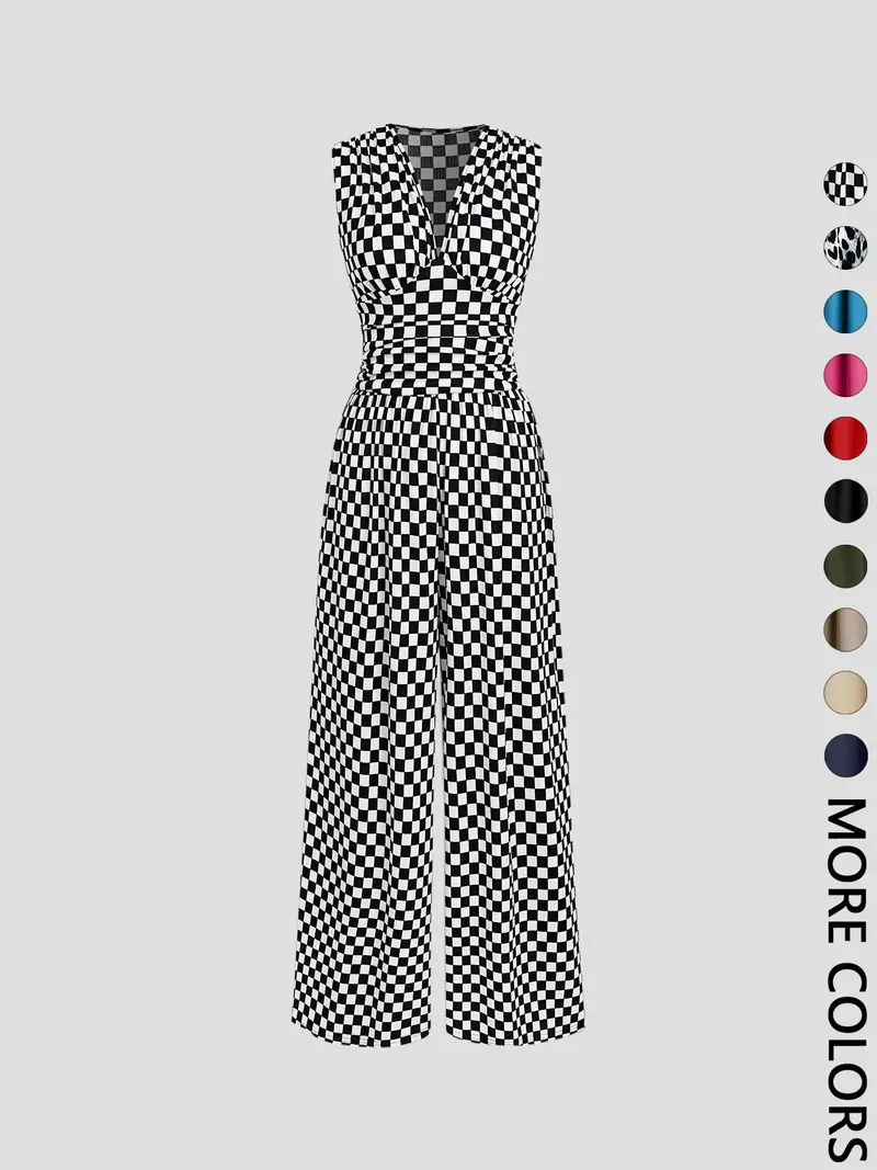 Women's Plain Ruched Deep V-Neck Ribbed Fitted Jumpsuit, Elegant Sleeveless Wide Leg Jumpsuit for Summer