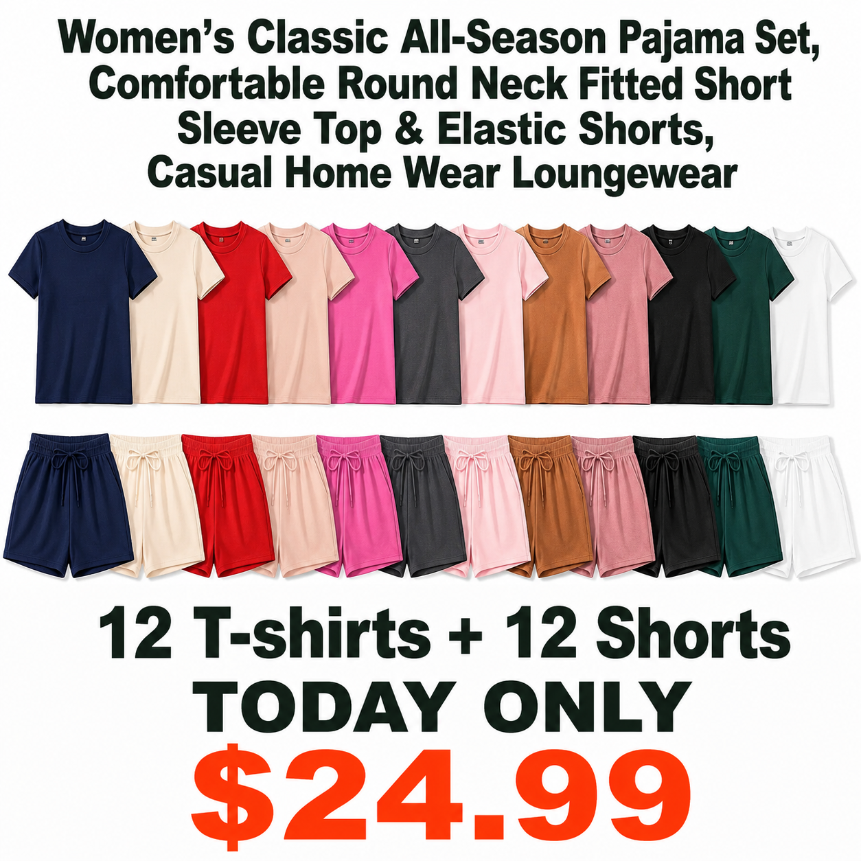 Women's Classic All-Season Pajama Set, Comfortable Round Neck Fitted Short Sleeve Top & Elastic Shorts, Casual Home Wear Loungewear