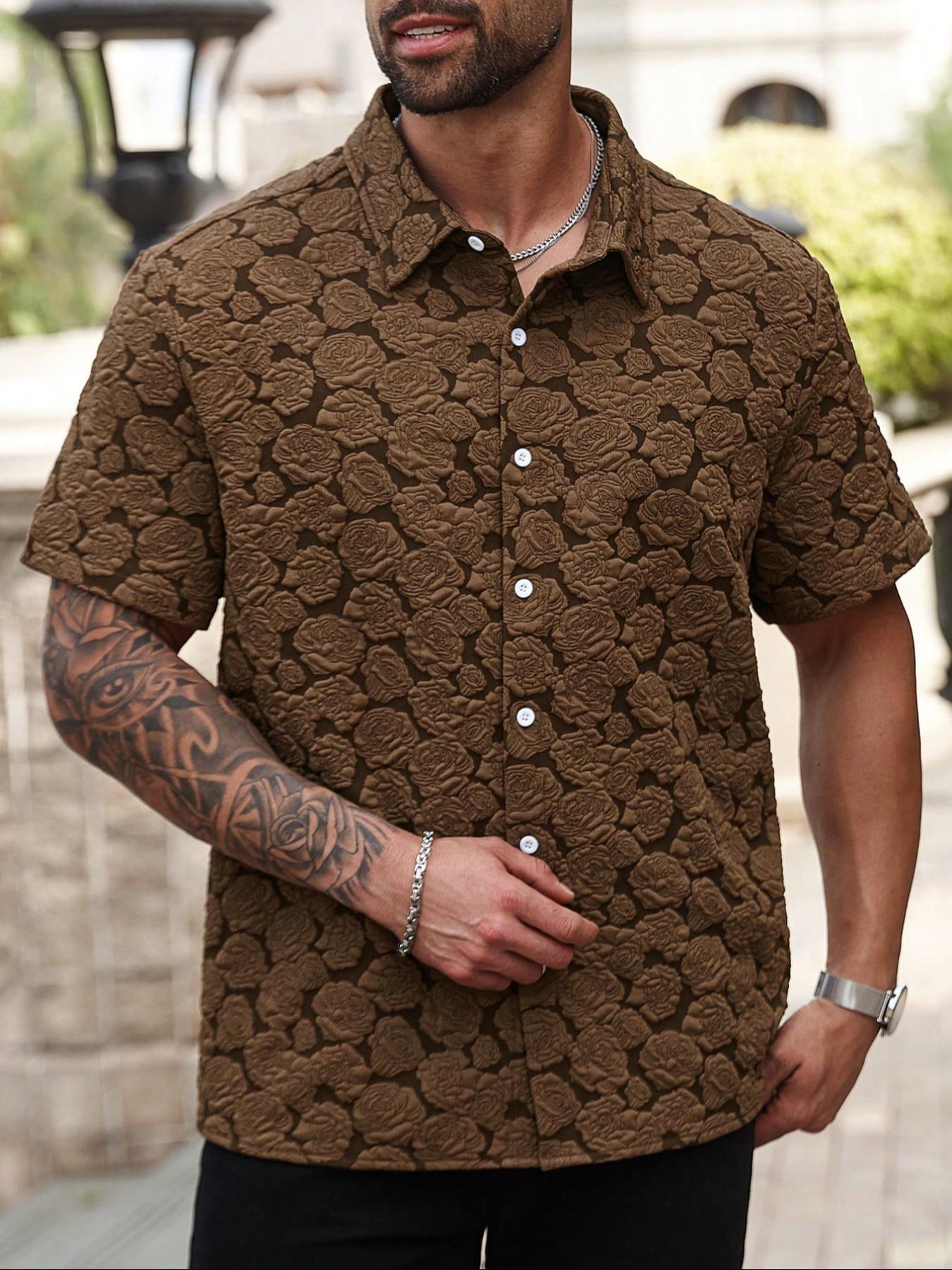 Men's Loose Rose Print Short Sleeve Shirt, Soft Comfy Button Front Collared Top for Summer, Men's Clothes for Daily Wear, Casual Menswear