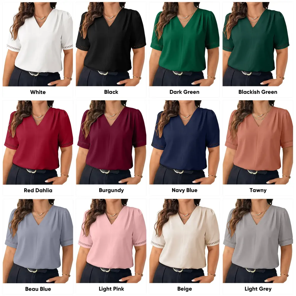 Dressy Casual Pleated V-Neck Short Sleeve Business Work Office Blouses Shirts (1X-5X)
