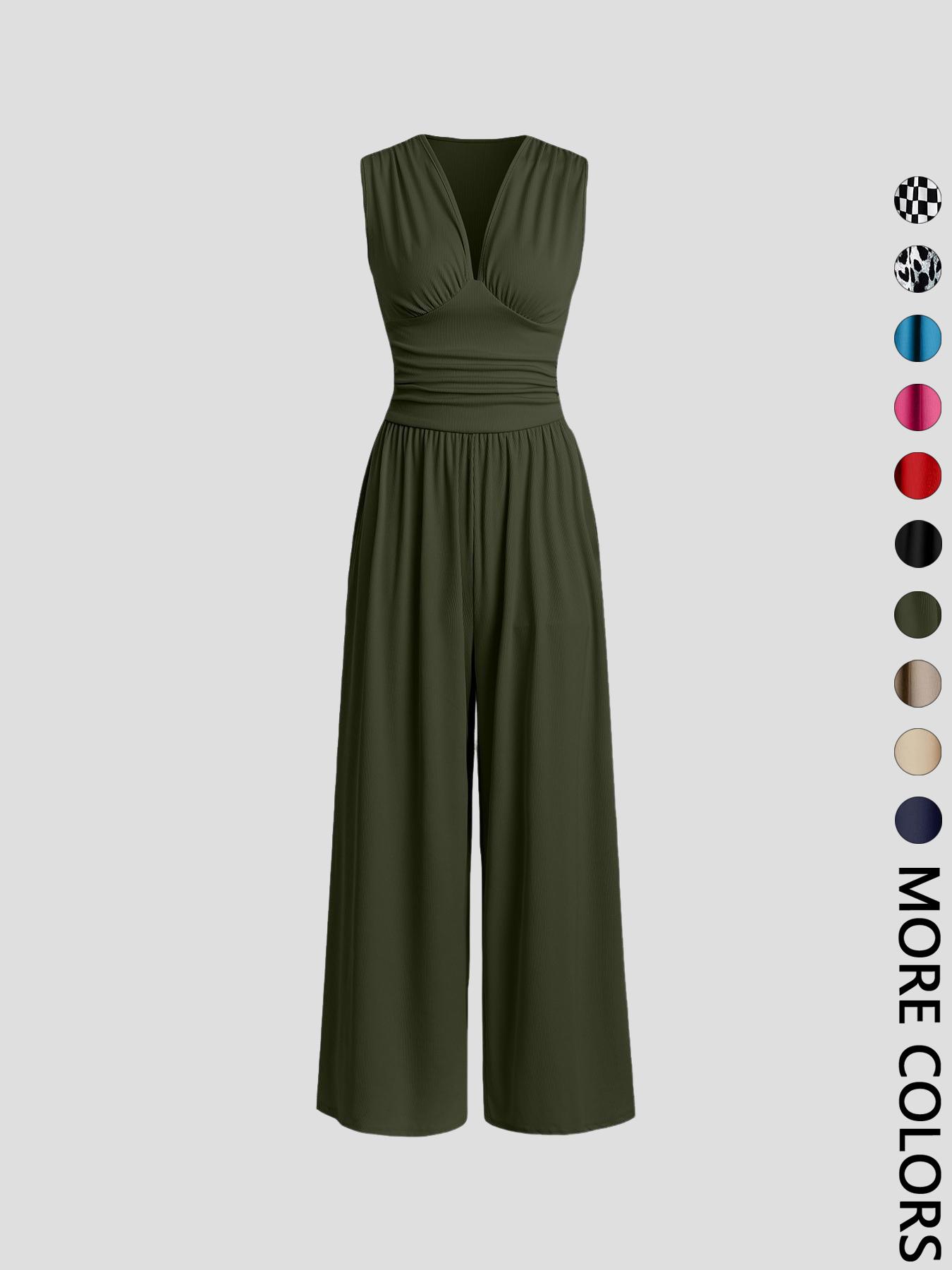 Women's Plain Ruched Deep V Neck Ribbed Fitted Jumpsuit, Elegant Sleeveless Wide Leg Jumpsuit for Summer, Ladies Clothes for Beach Holiday Vacation