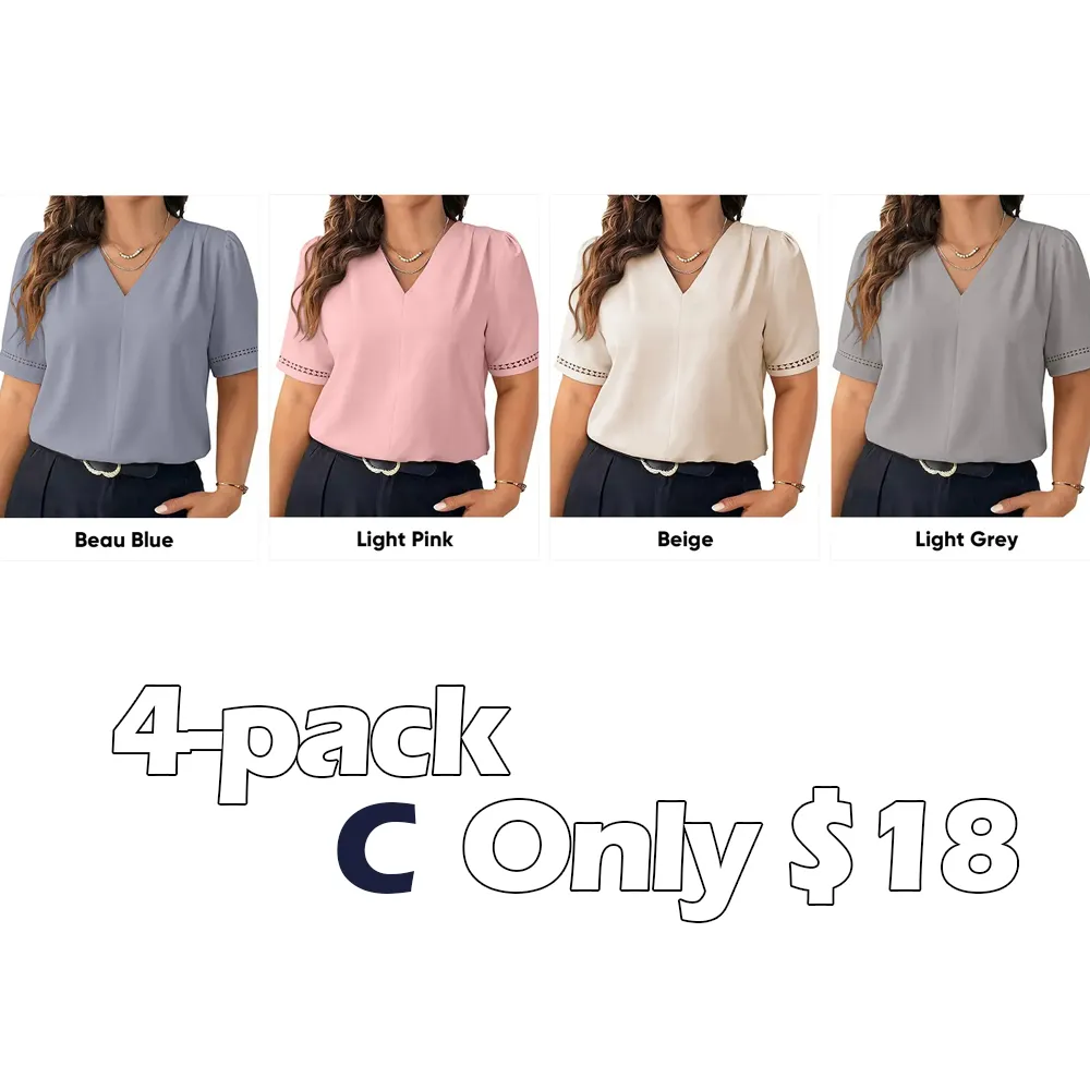 Dressy Casual Pleated V-Neck Short Sleeve Business Work Office Blouses Shirts (1X-5X)