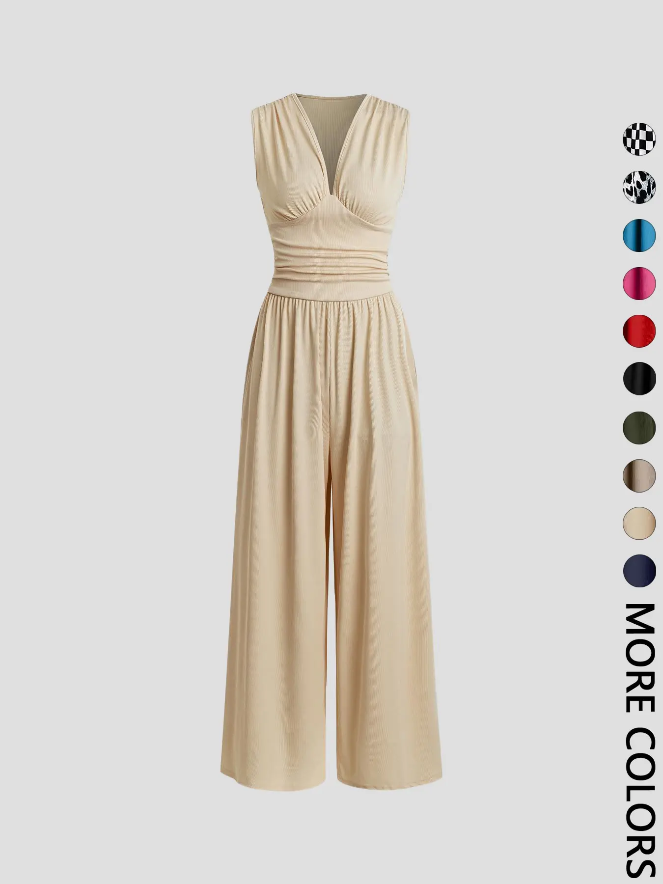 Women's Plain Ruched Deep V-Neck Ribbed Fitted Jumpsuit, Elegant Sleeveless Wide Leg Jumpsuit for Summer