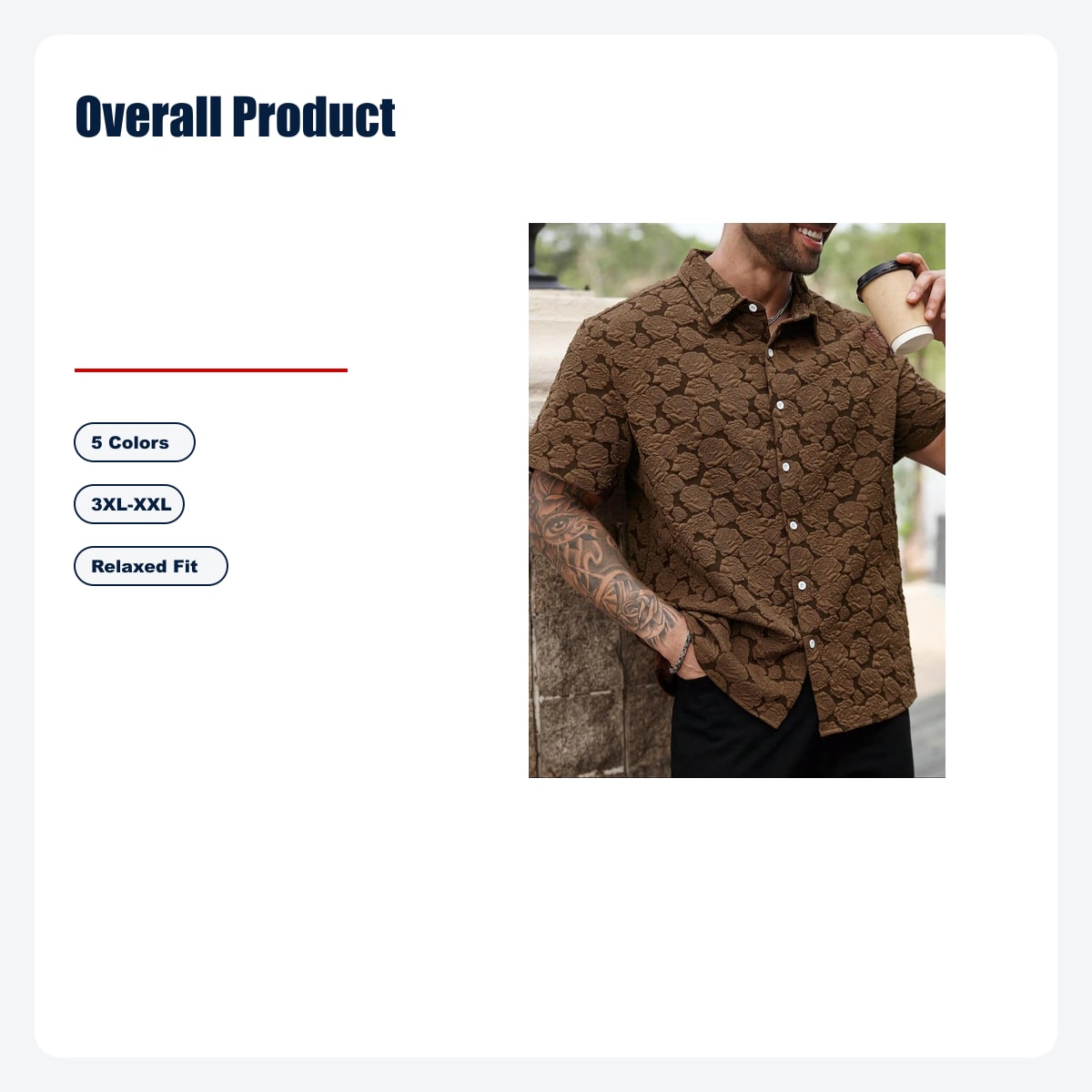 Men's Loose Rose Print Short Sleeve Shirt, Soft Comfy Button Front Collared Top for Summer - Overall Product
