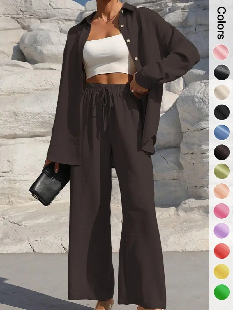 Women's Solid Button Front Shirt & Tie Front Wide Leg Pants Two-Piece Set