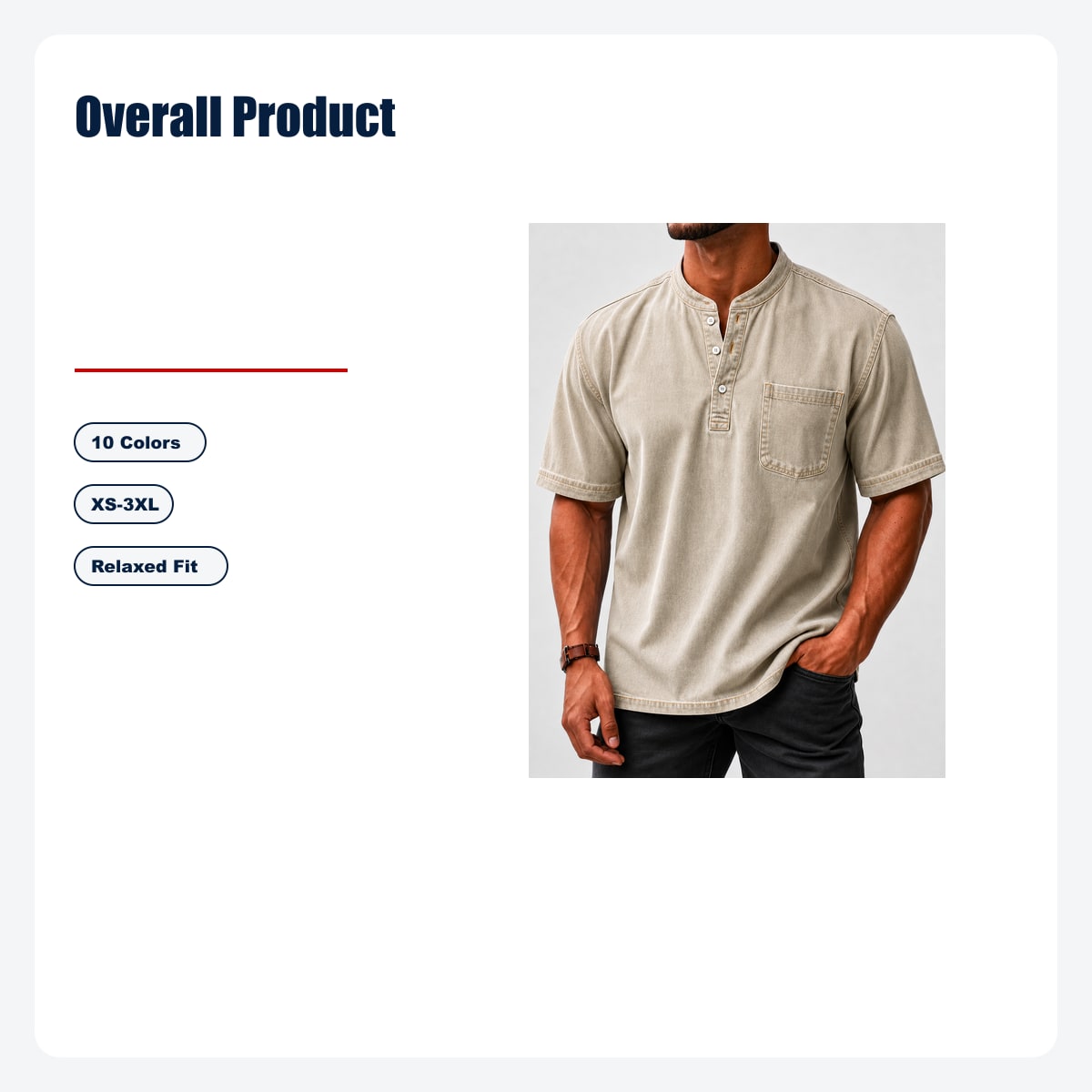 8-Piece Men's Washed Stand Collar Henley Shirts, Short Sleeve Relaxed Fit Pocket Tops - Overall Product