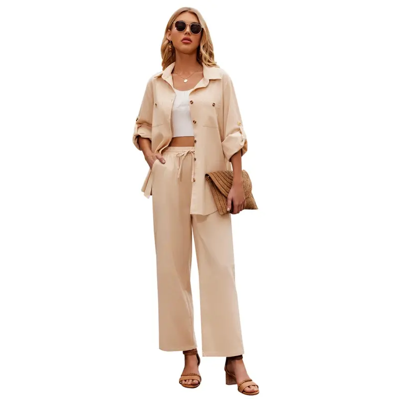 Women's Two-Piece Linen Sets Button-Down Shirt and Drawstring Long Pants Set Summer Outfits