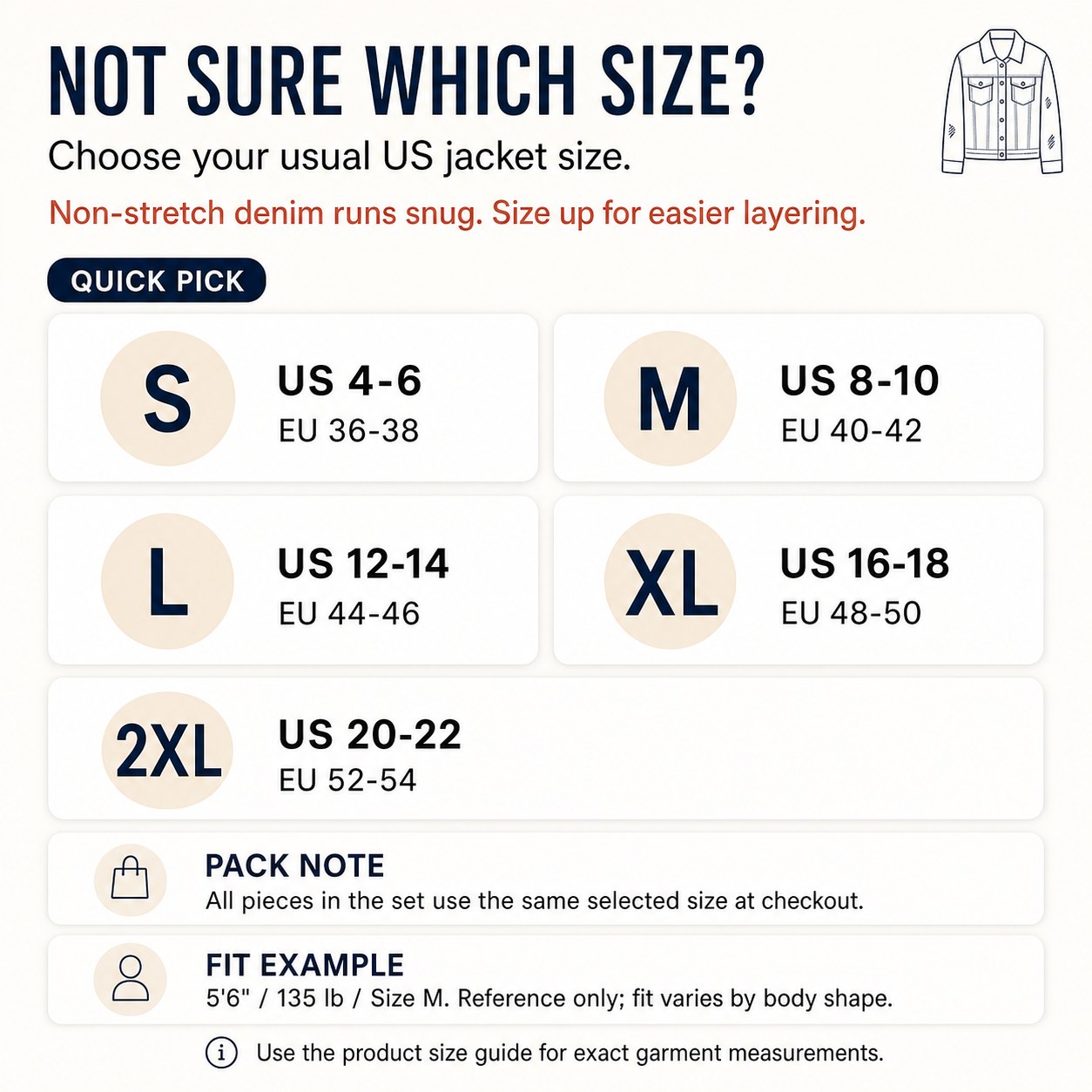 Women's Distressed Denim Jacket Multi-Piece Sets LAZY SIZE GUIDE quick size guide