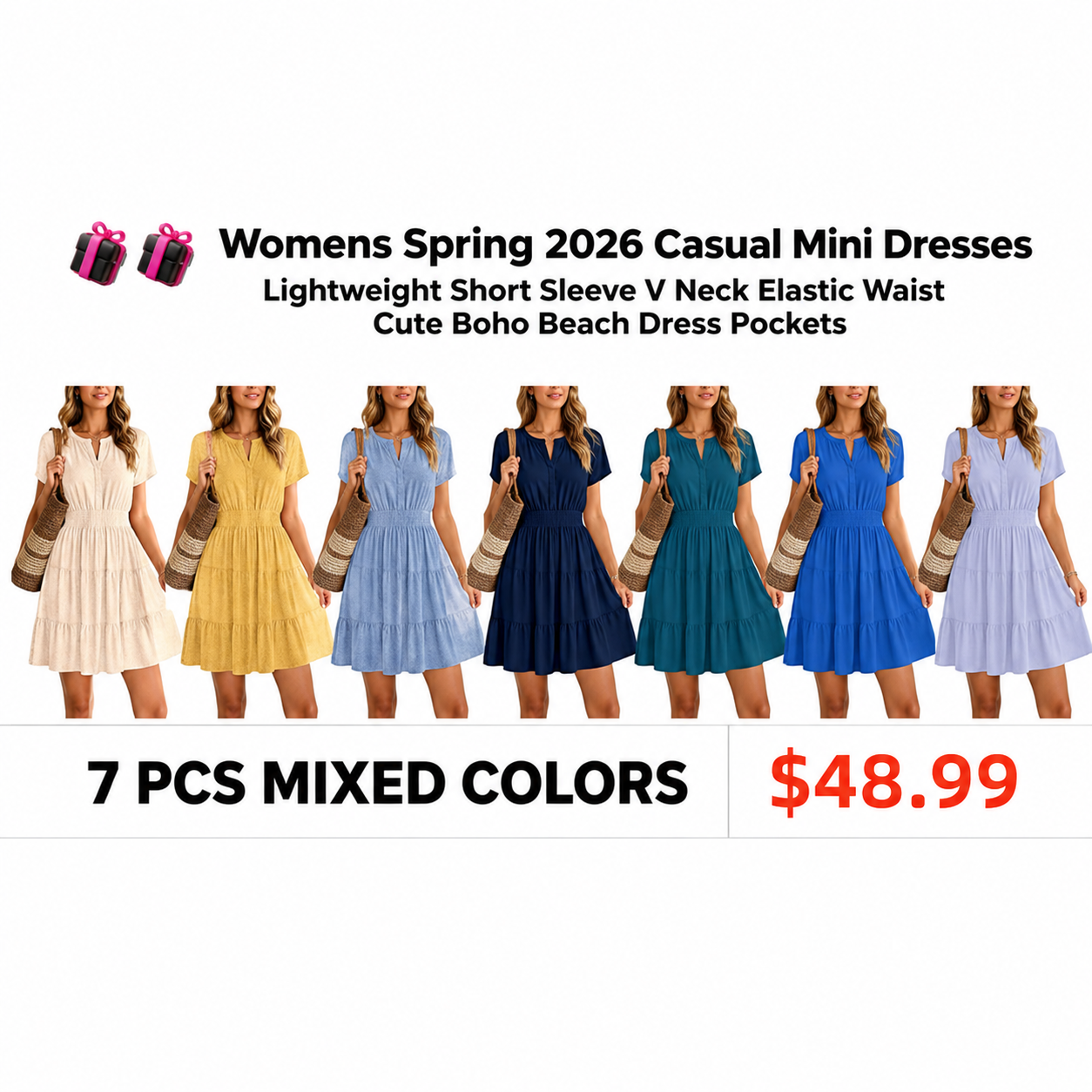 Women's Spring 2026 Casual Mini Dresses Lightweight Short Sleeve V-Neck Elastic Waist Cute Boho Beach Dress Pockets
