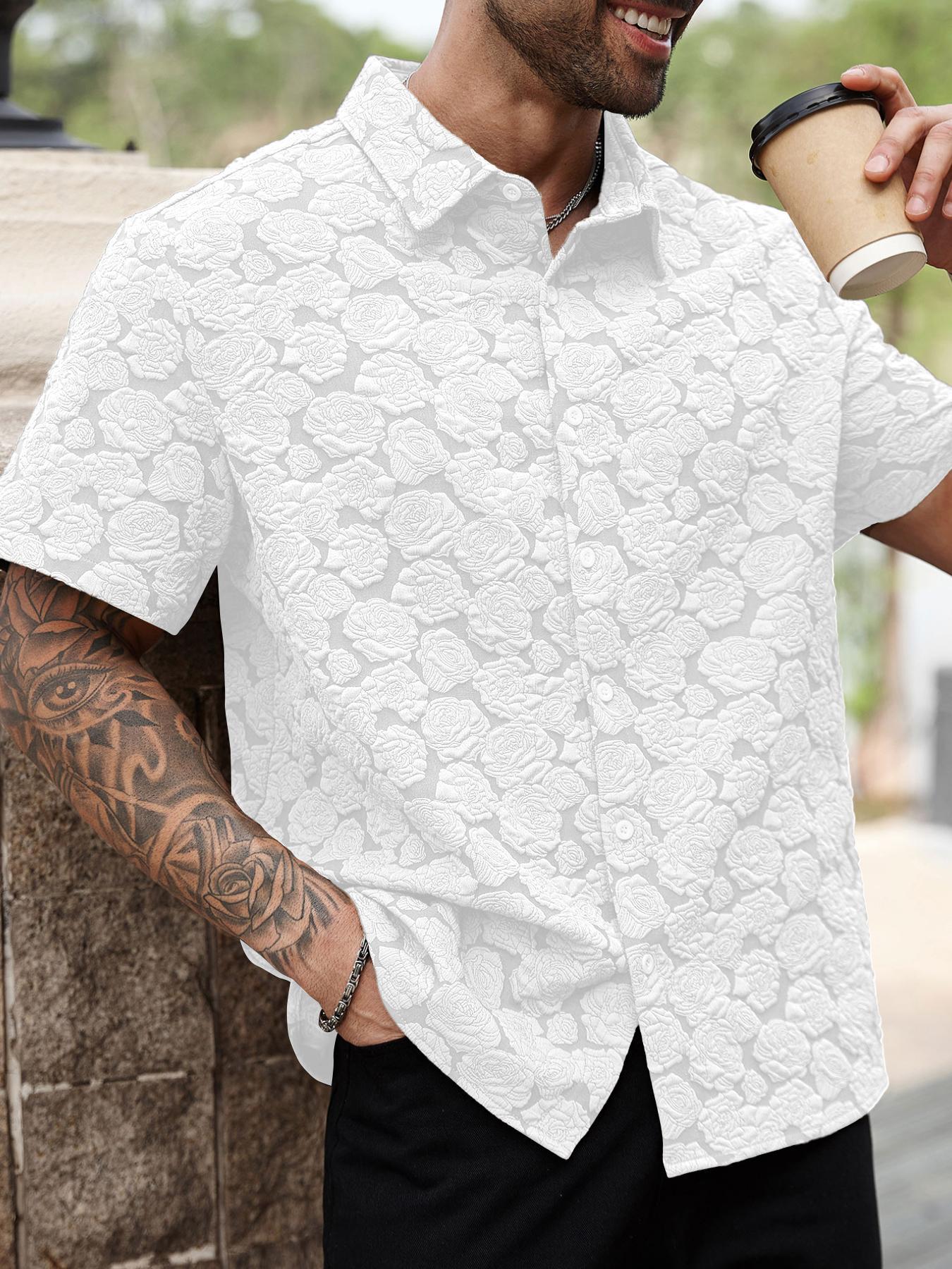 Men's Loose Rose Print Short Sleeve Shirt, Soft Comfy Button Front Collared Top for Summer, Men's Clothes for Daily Wear, Casual Menswear