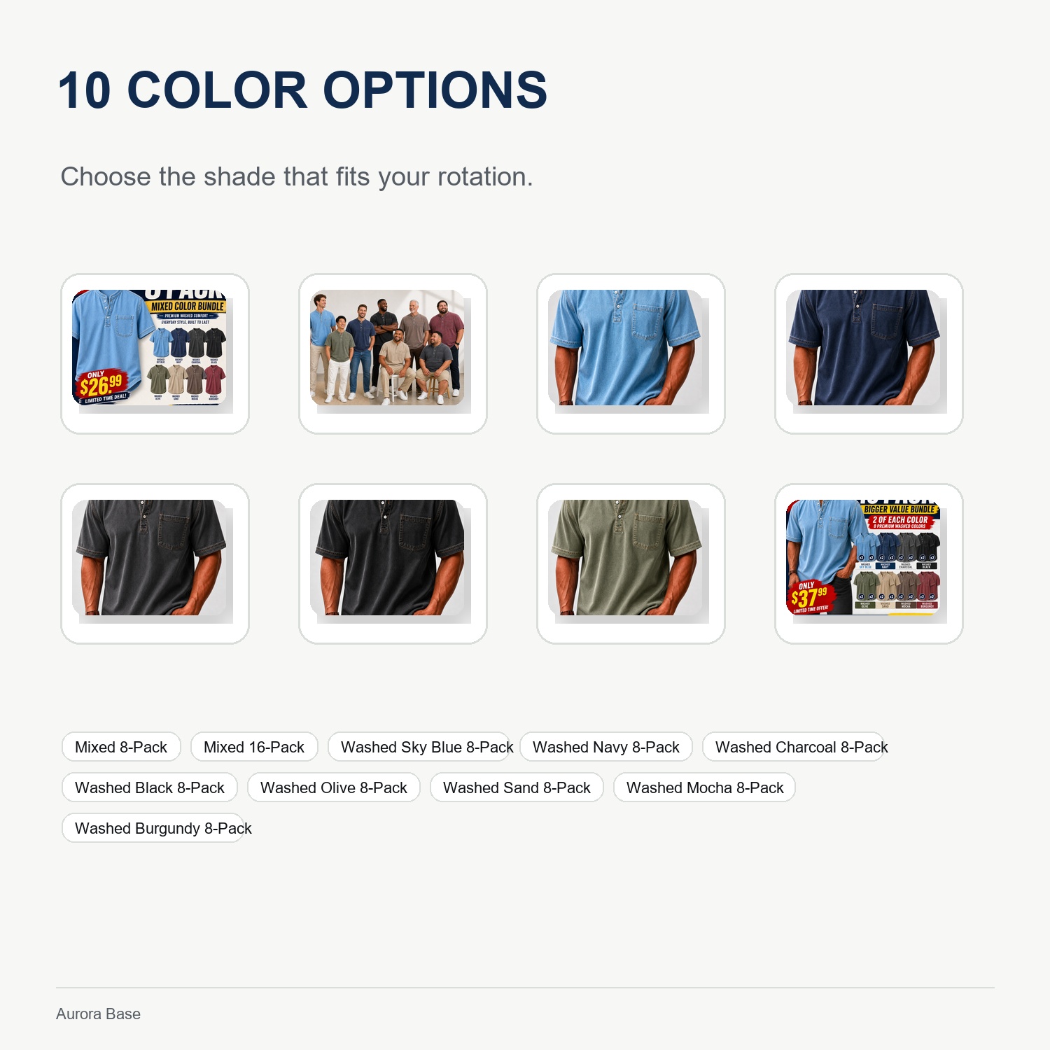 Aurora Base 8-Piece Men's Washed Stand Collar Henley Shirts, Short Sleeve Relaxed Fit Pocket Tops color options detail image