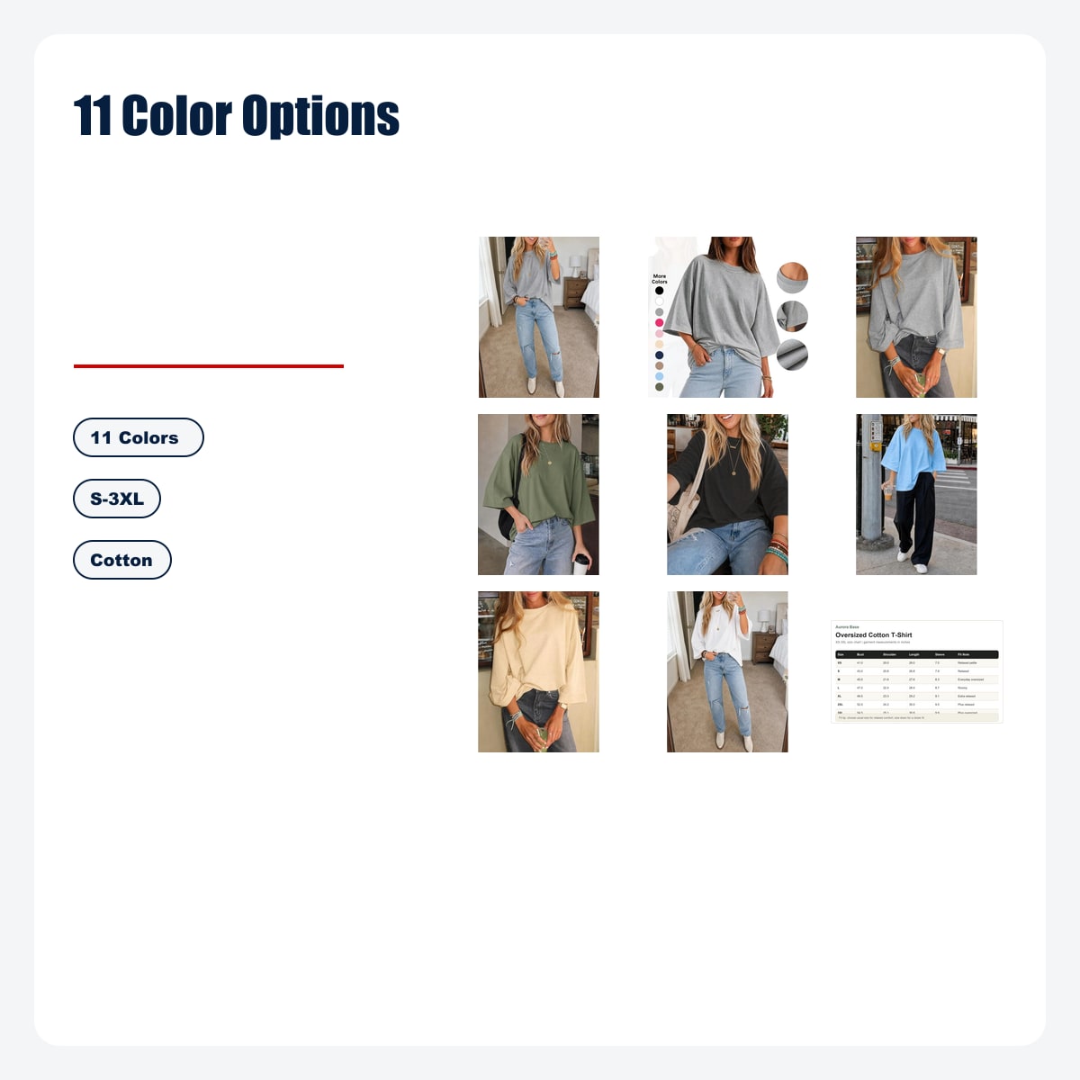 Women's Oversized Cotton T-Shirt - 5/10 PCS Value Pack - 11 Color Options