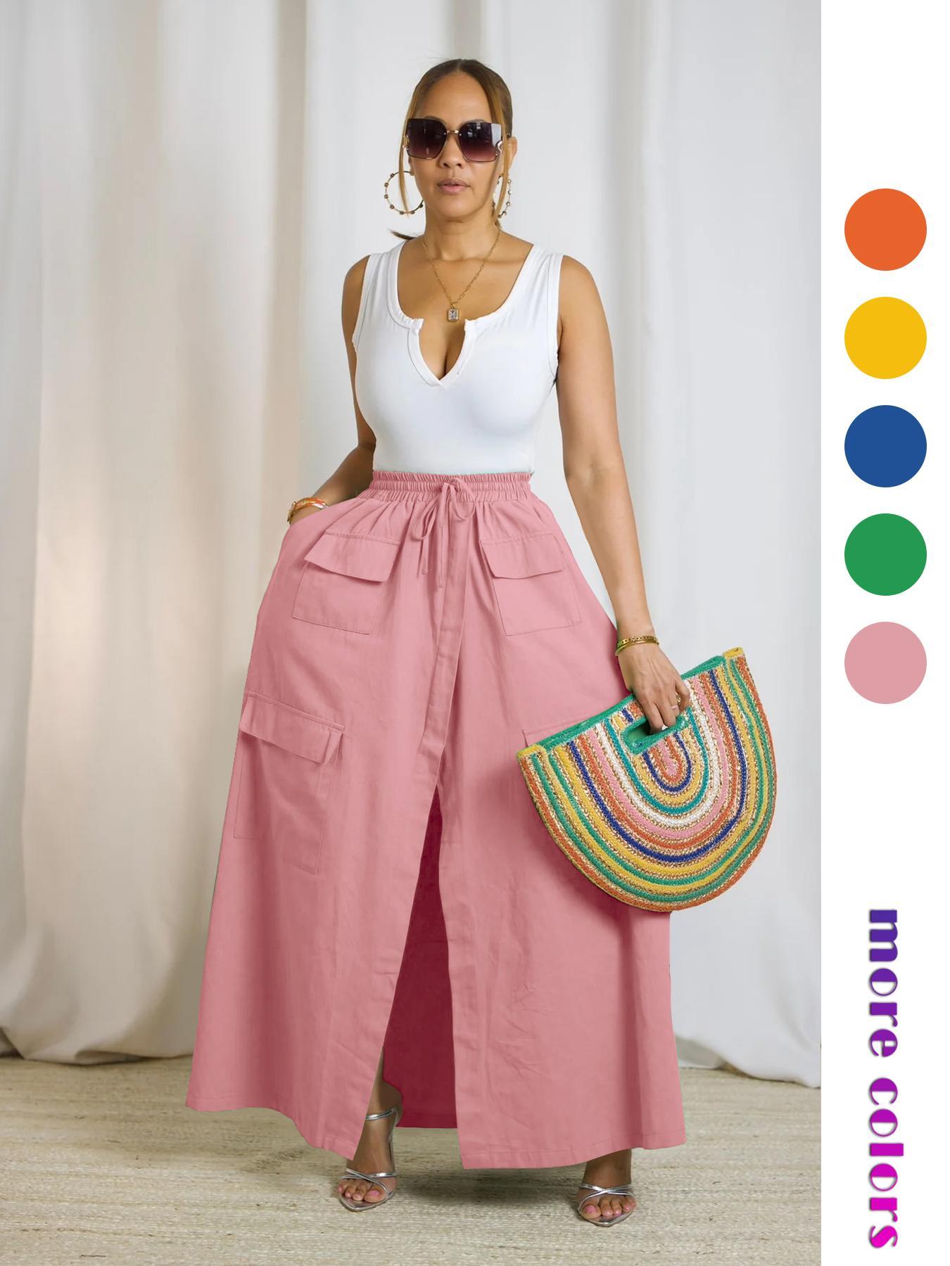 Women's Plain Drawstring High Waist Skirt, Casual Boho Pocket Wrap Skirt for Summer, Ladies Bottoms for Beach Holiday Vacation Women's Plain Drawstring High Waist Skirt, Casual Boho Pocket Wrap Skirt for Summer, Ladies Bottoms for Beach Holiday Vacation