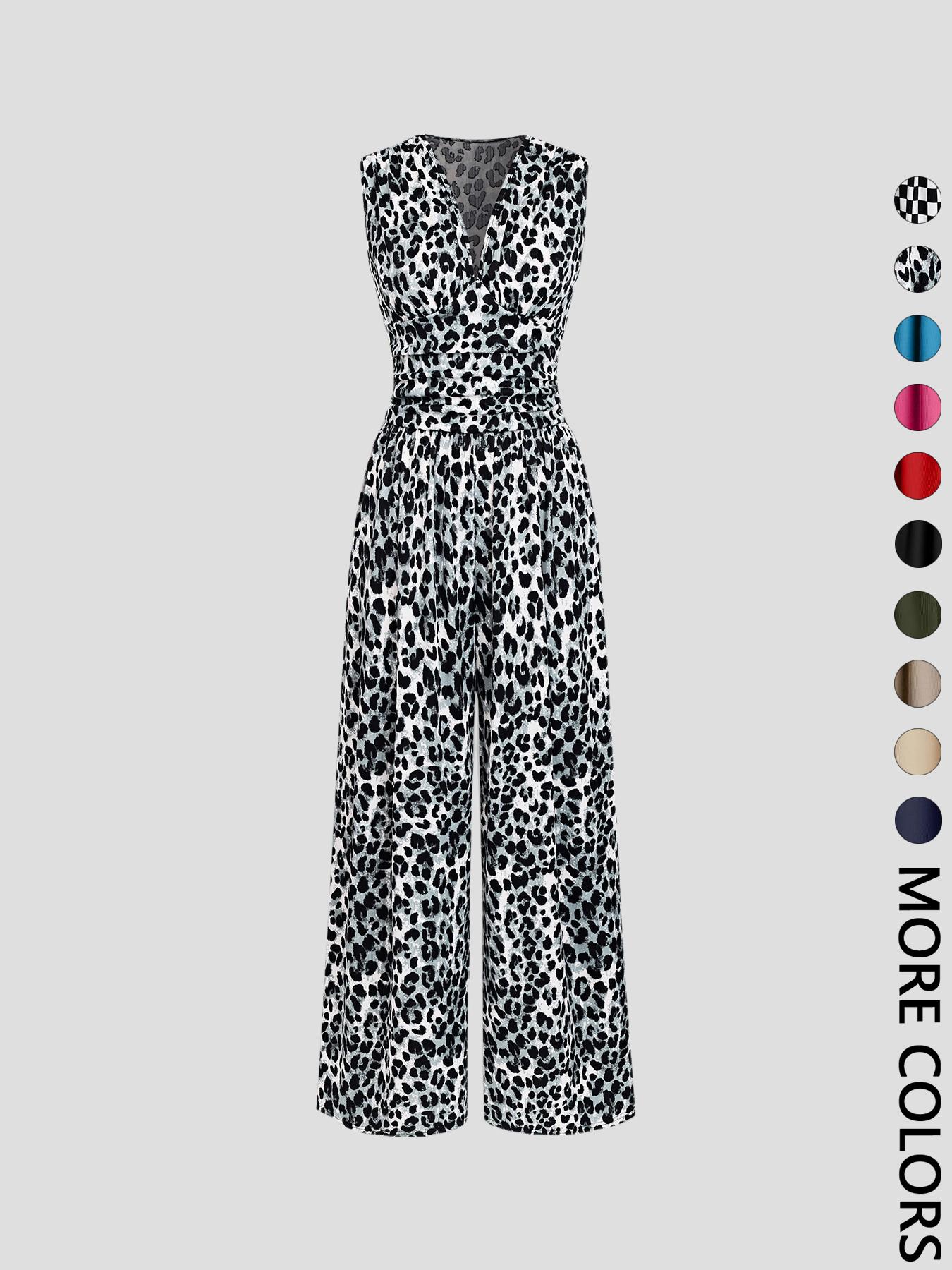 Women's Plain Ruched Deep V Neck Ribbed Fitted Jumpsuit, Elegant Sleeveless Wide Leg Jumpsuit for Summer, Ladies Clothes for Beach Holiday Vacation