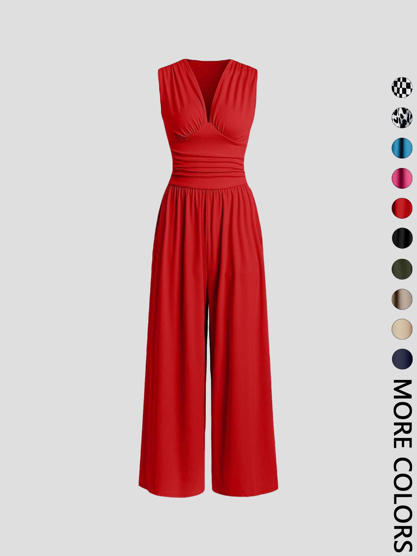 Women's Plain Ruched Deep V Neck Ribbed Fitted Jumpsuit, Elegant Sleeveless Wide Leg Jumpsuit for Summer, Ladies Clothes for Beach Holiday Vacation