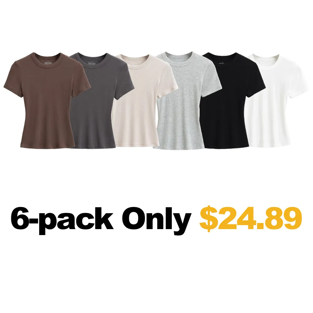 Women's Slim Fit Ribbed Knit T-Shirt - Soft Short Sleeve Basic Tee
