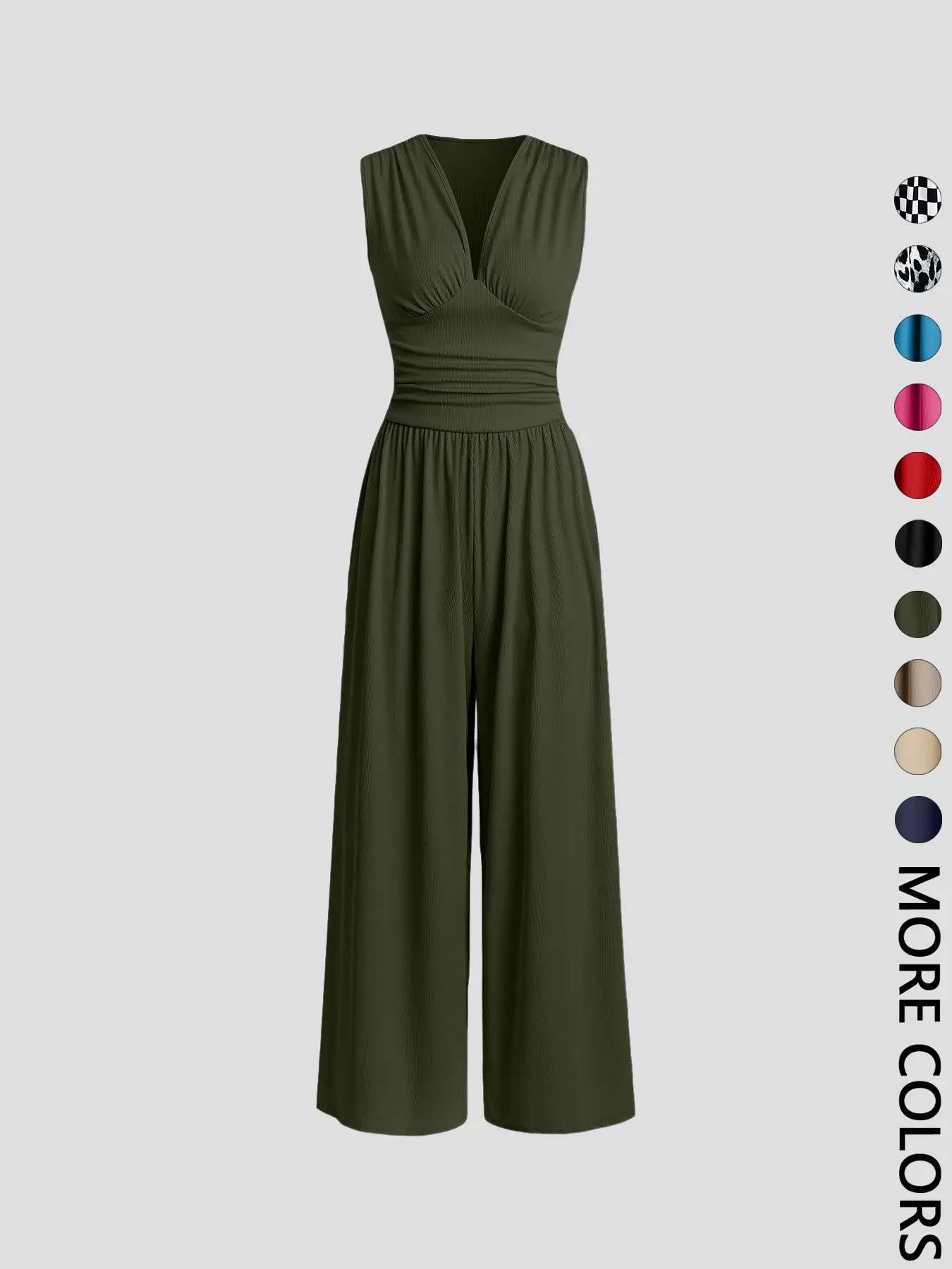 Women's Plain Ruched Deep V-Neck Ribbed Fitted Jumpsuit, Elegant Sleeveless Wide Leg Jumpsuit for Summer