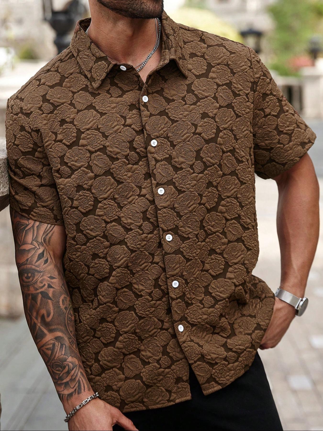 Men's Loose Rose Print Short Sleeve Shirt, Soft Comfy Button Front Collared Top for Summer, Men's Clothes for Daily Wear, Casual Menswear