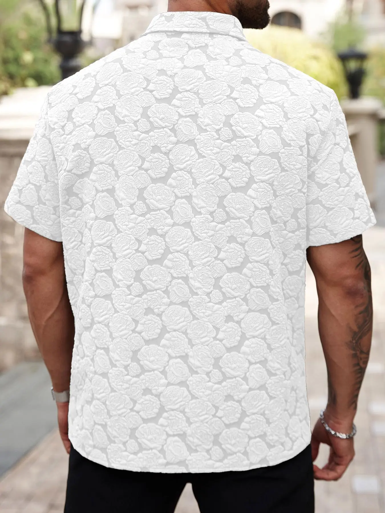 Men's Loose Rose Print Short Sleeve Shirt, Soft Comfy Button Front Collared Top for Summer