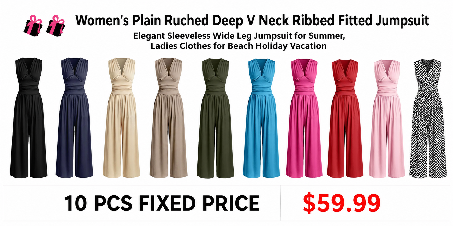 Women's Plain Ruched Deep V-Neck Ribbed Fitted Jumpsuit, Elegant Sleeveless Wide Leg Jumpsuit for Summer