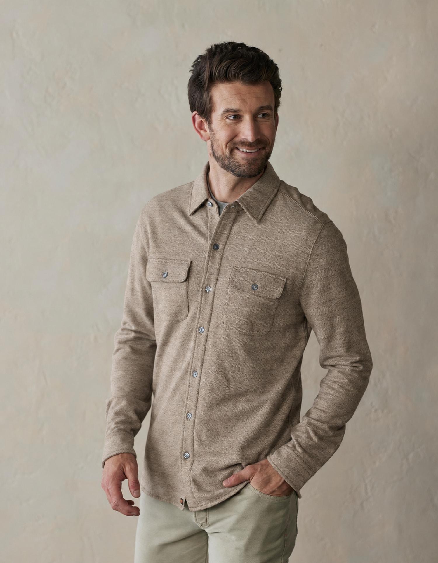 Aurora Base Men's Textured Knit Shirt - Desert Taupe colorway front wearing view