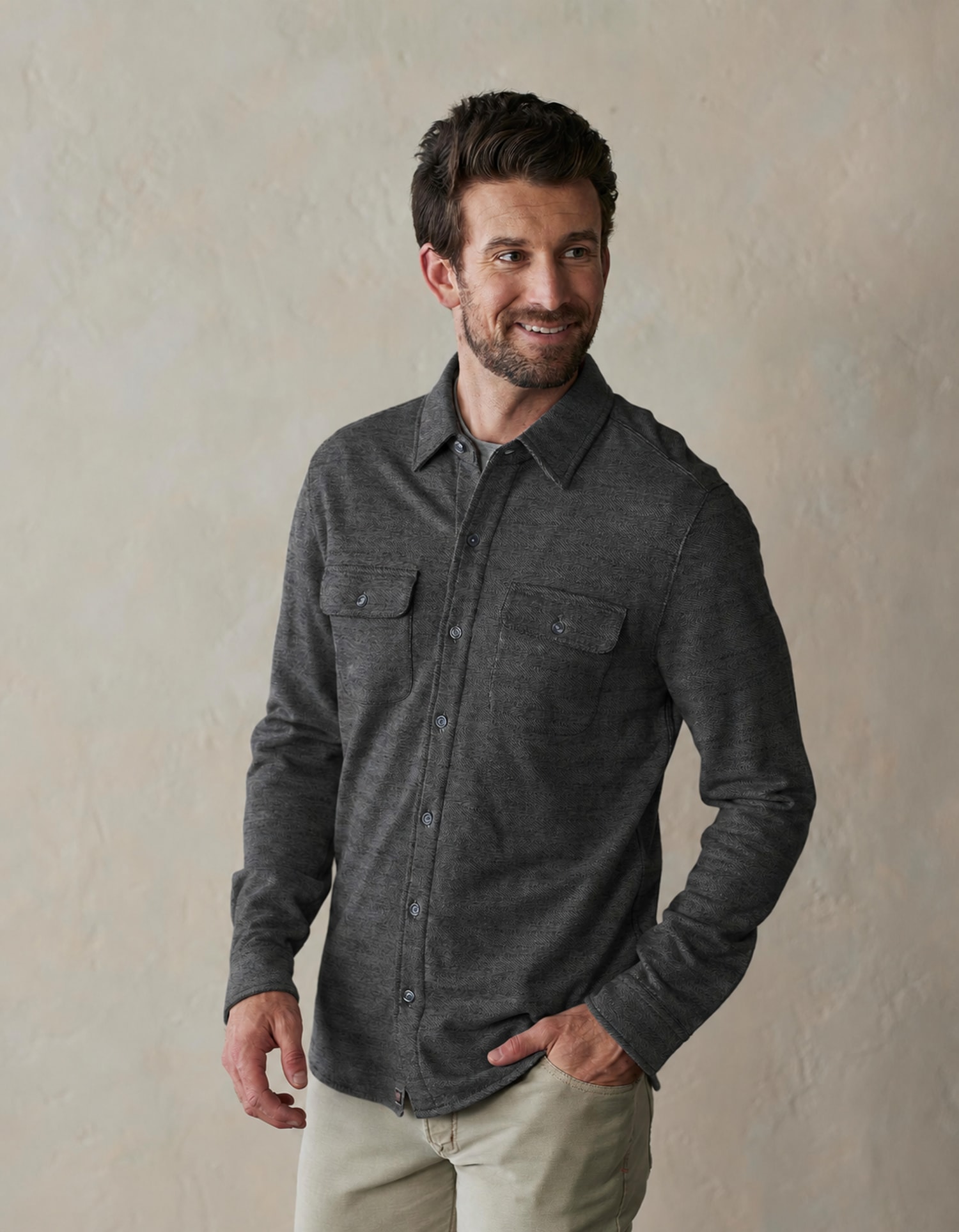 Aurora Base Men's Textured Knit Shirt - Charcoal Heather colorway front wearing view