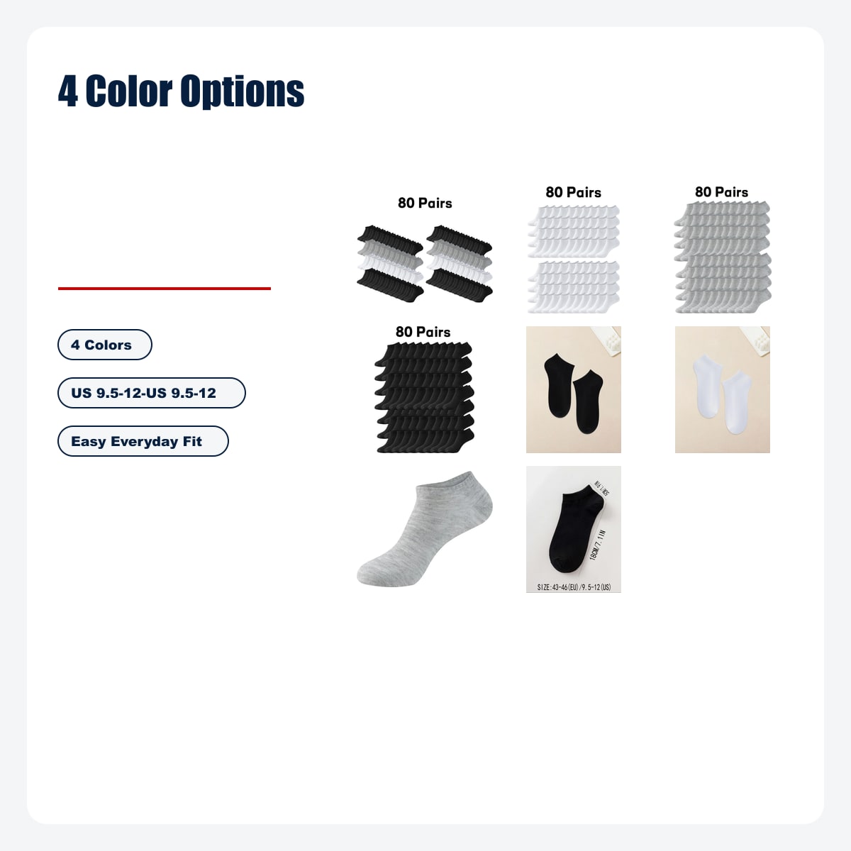 Men's Plain Ankle Socks - 80-Pair Daily Value Pack - 4 Color Options
