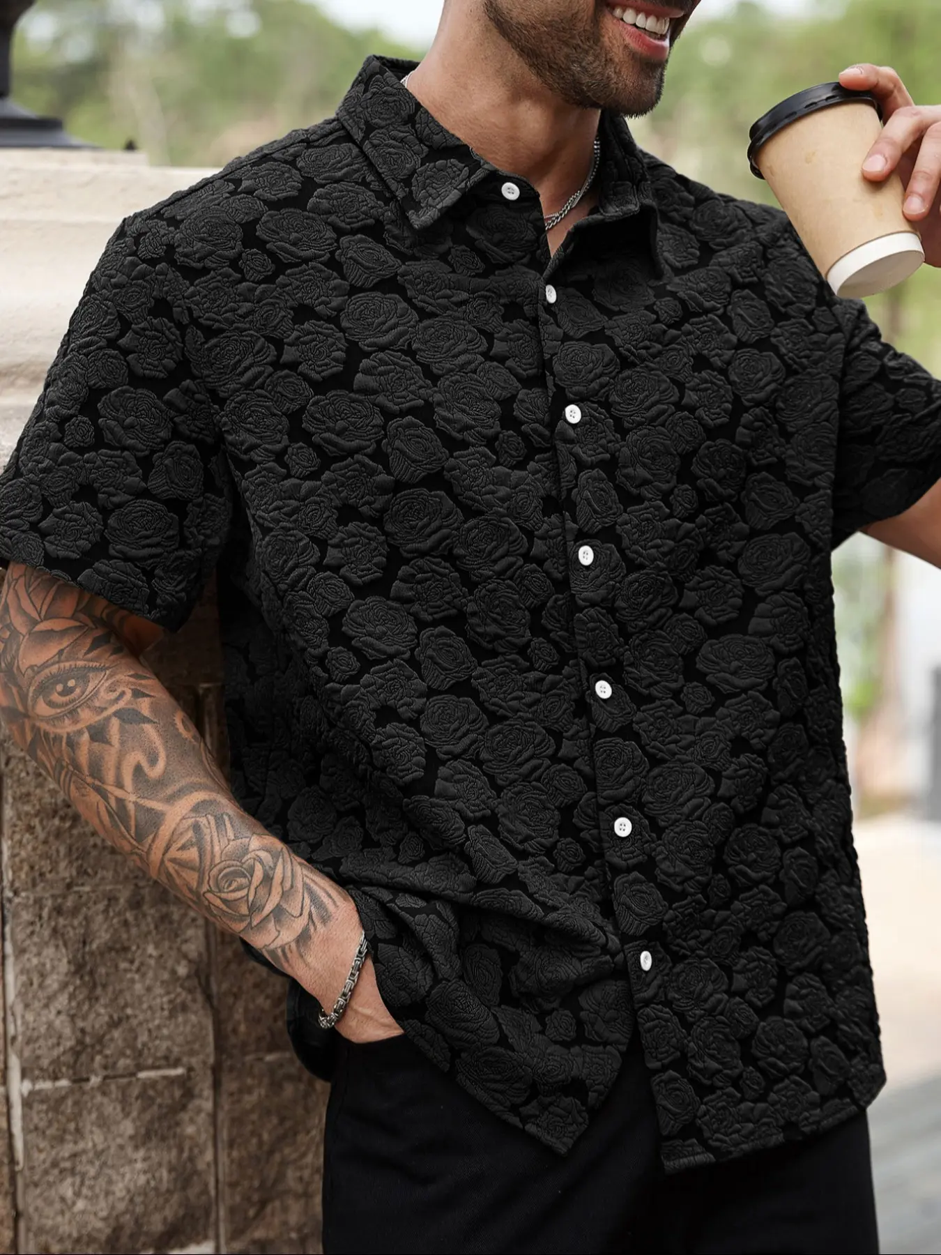 Men's Loose Rose Print Short Sleeve Shirt, Soft Comfy Button Front Collared Top for Summer