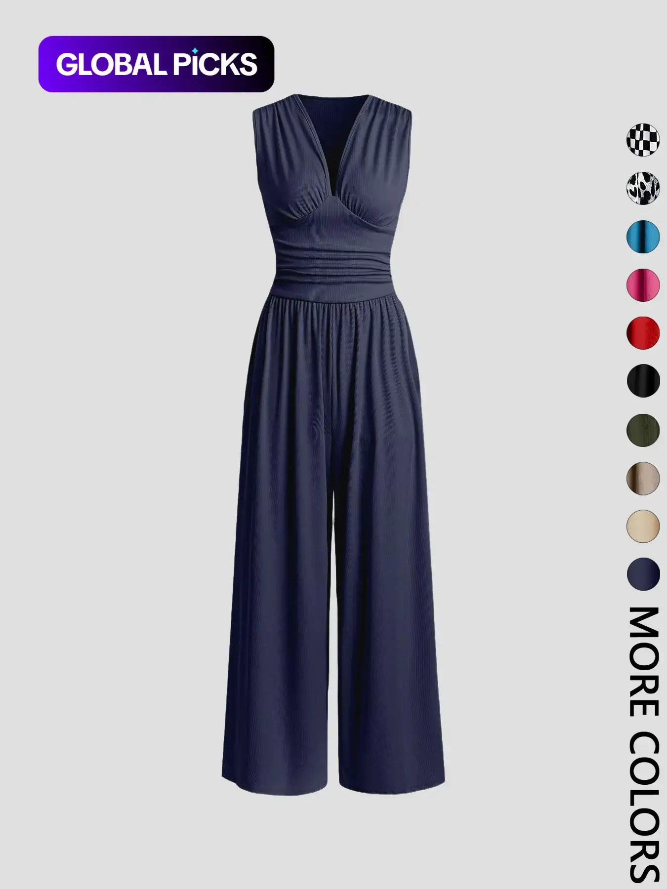 Women's Plain Ruched Deep V-Neck Ribbed Fitted Jumpsuit, Elegant Sleeveless Wide Leg Jumpsuit for Summer