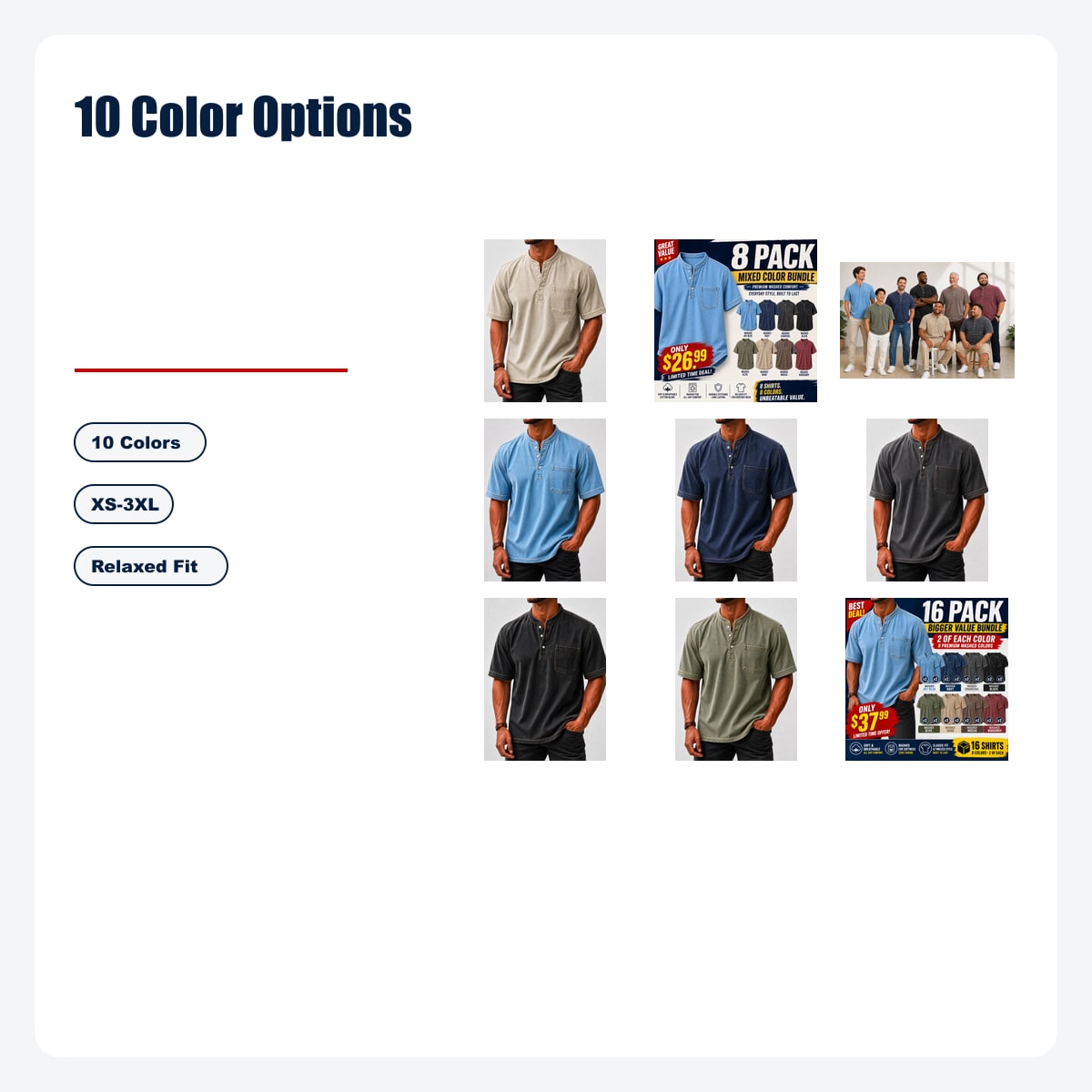 8-Piece Men's Washed Stand Collar Henley Shirts, Short Sleeve Relaxed Fit Pocket Tops - 10 Color Options