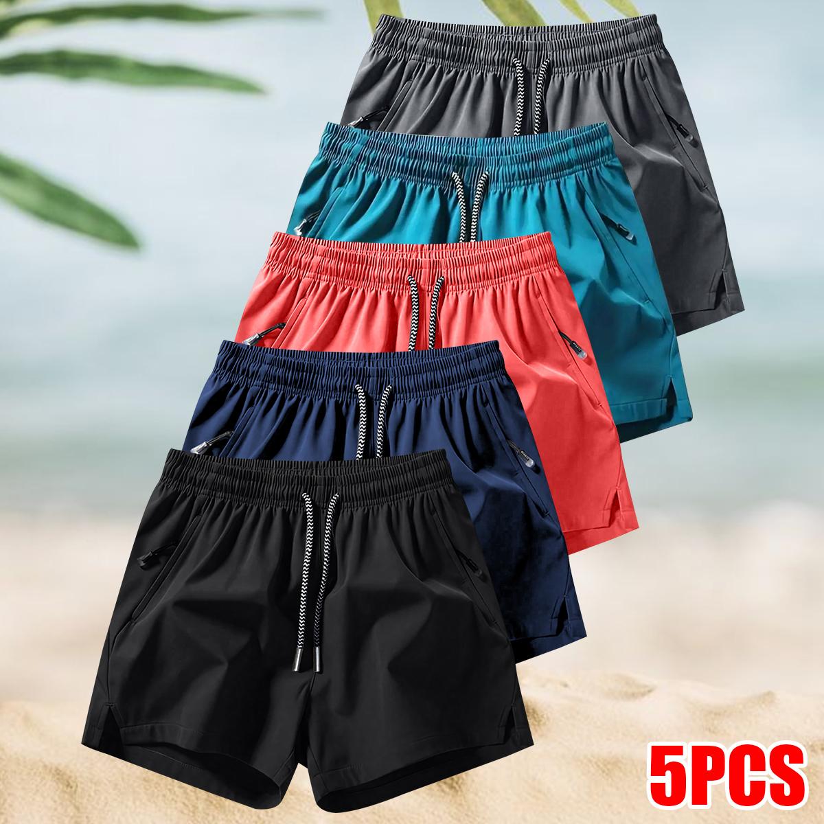 Men's 5-Pack Solid Sports Shorts - Breathable Fitness, Soft Stretch, Quick-Dry Elastic Waist Drawstring, Casual Athletic Shorts for Summer Gym Workouts, Outdoor Activities,summervibes