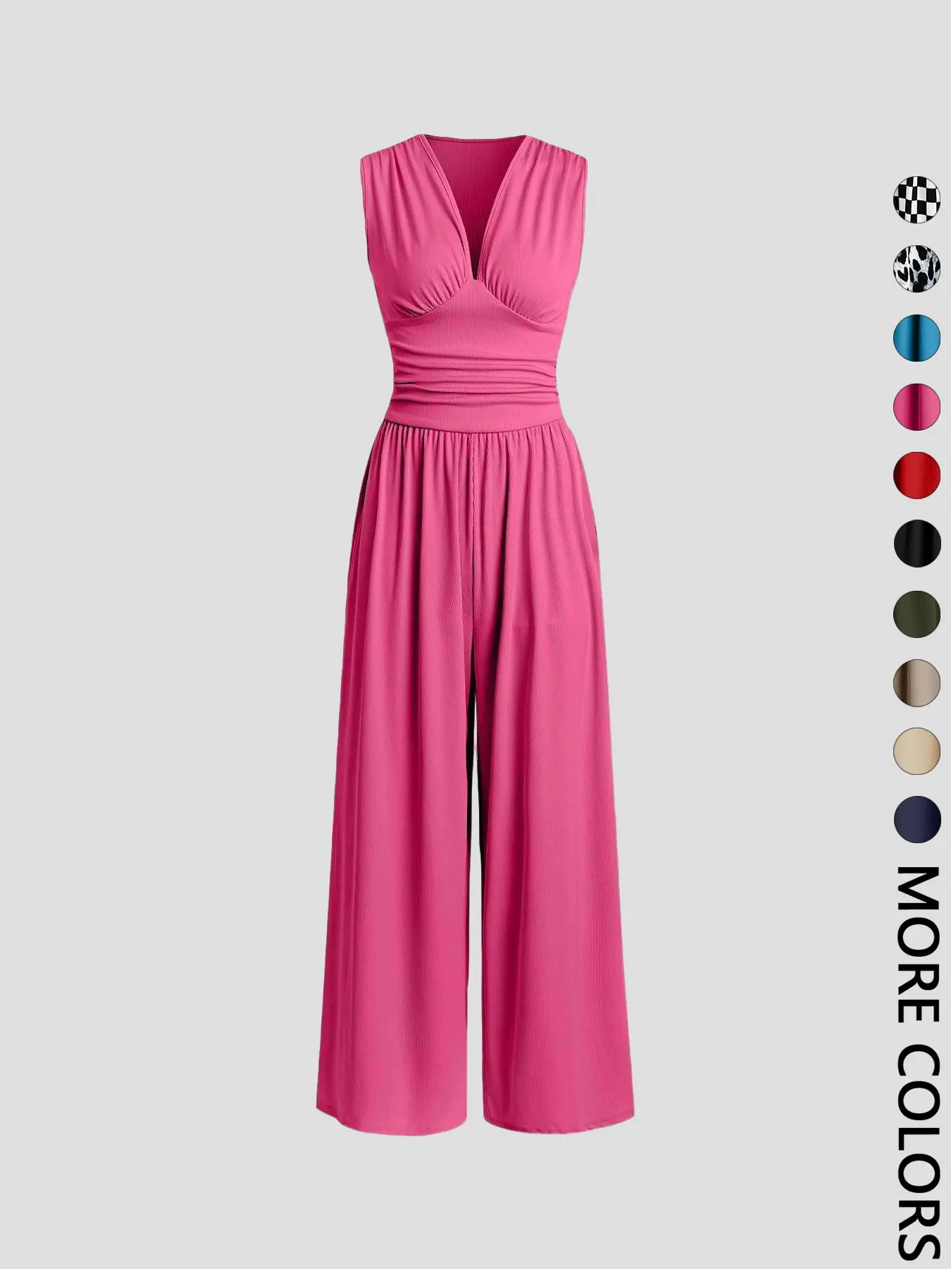 Women's Plain Ruched Deep V-Neck Ribbed Fitted Jumpsuit, Elegant Sleeveless Wide Leg Jumpsuit for Summer