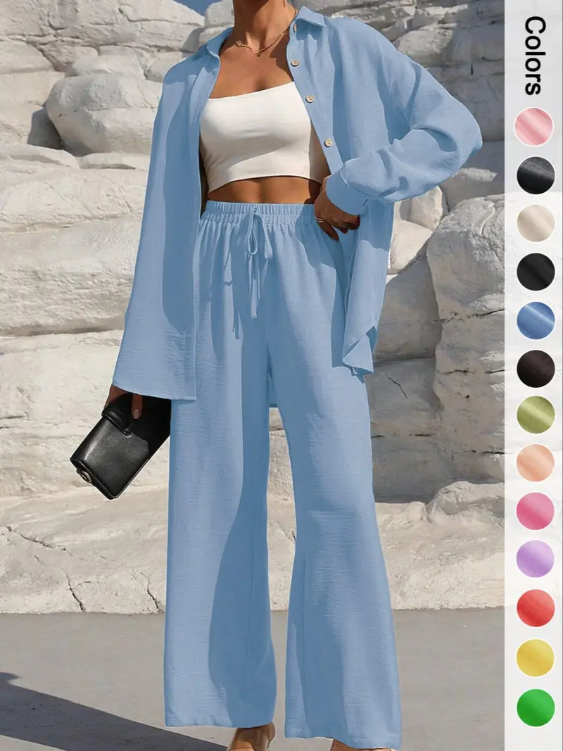 Women's Solid Button Front Shirt & Tie Front Wide Leg Pants Two-Piece Set