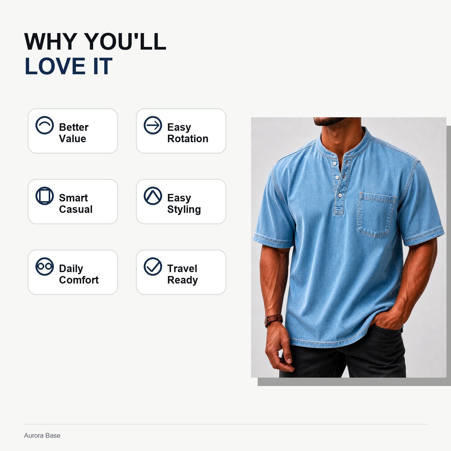 Aurora Base 8-Piece Men's Washed Stand Collar Henley Shirts, Short Sleeve Relaxed Fit Pocket Tops benefits detail image