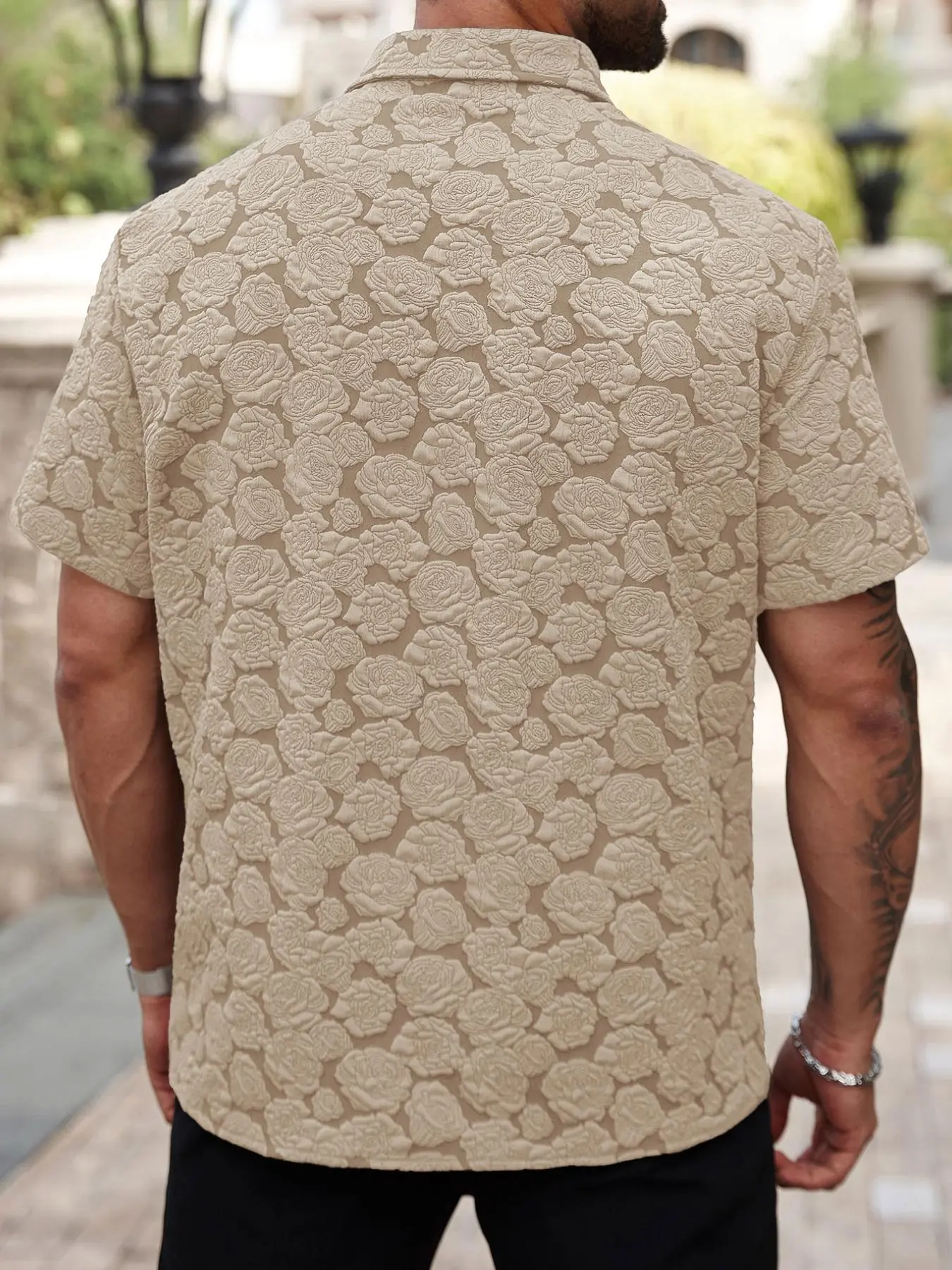 Men's Loose Rose Print Short Sleeve Shirt, Soft Comfy Button Front Collared Top for Summer