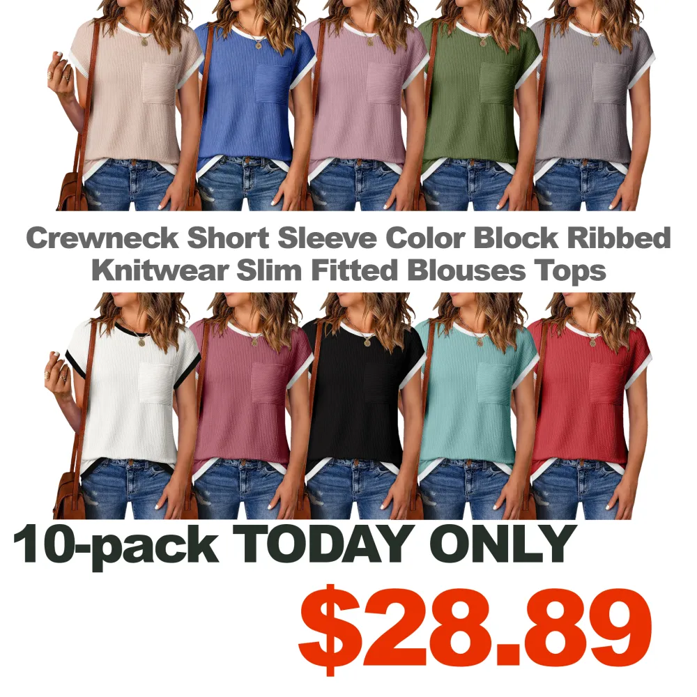 Women's Crewneck Short Sleeve Color Block Ribbed Knitwear Slim Fitted Blouses Tops