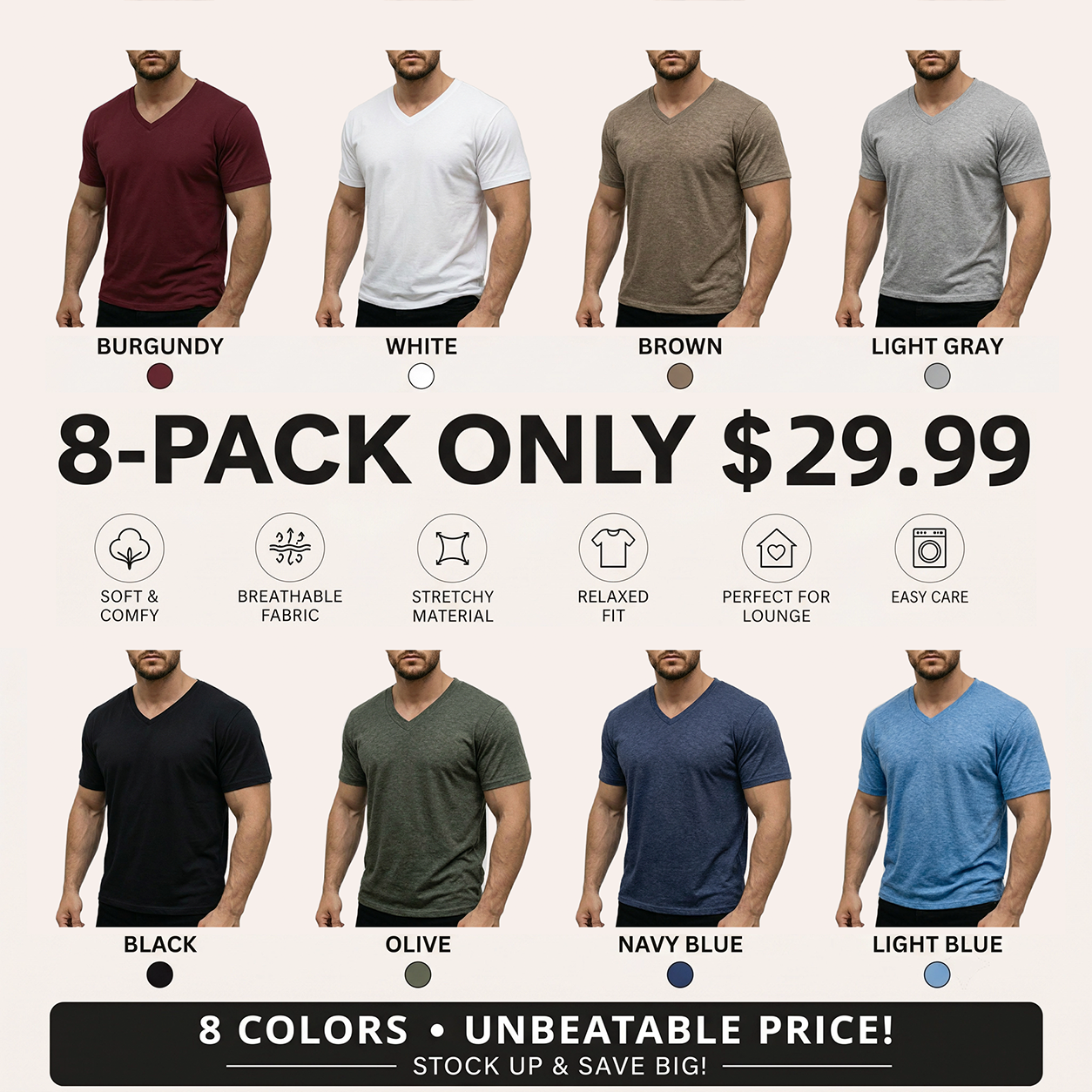 Men's Classic Casual V-Neck T-Shirt - Soft, Breathable Cotton Blend for Everyday Wear, Sports, and Relaxed Days