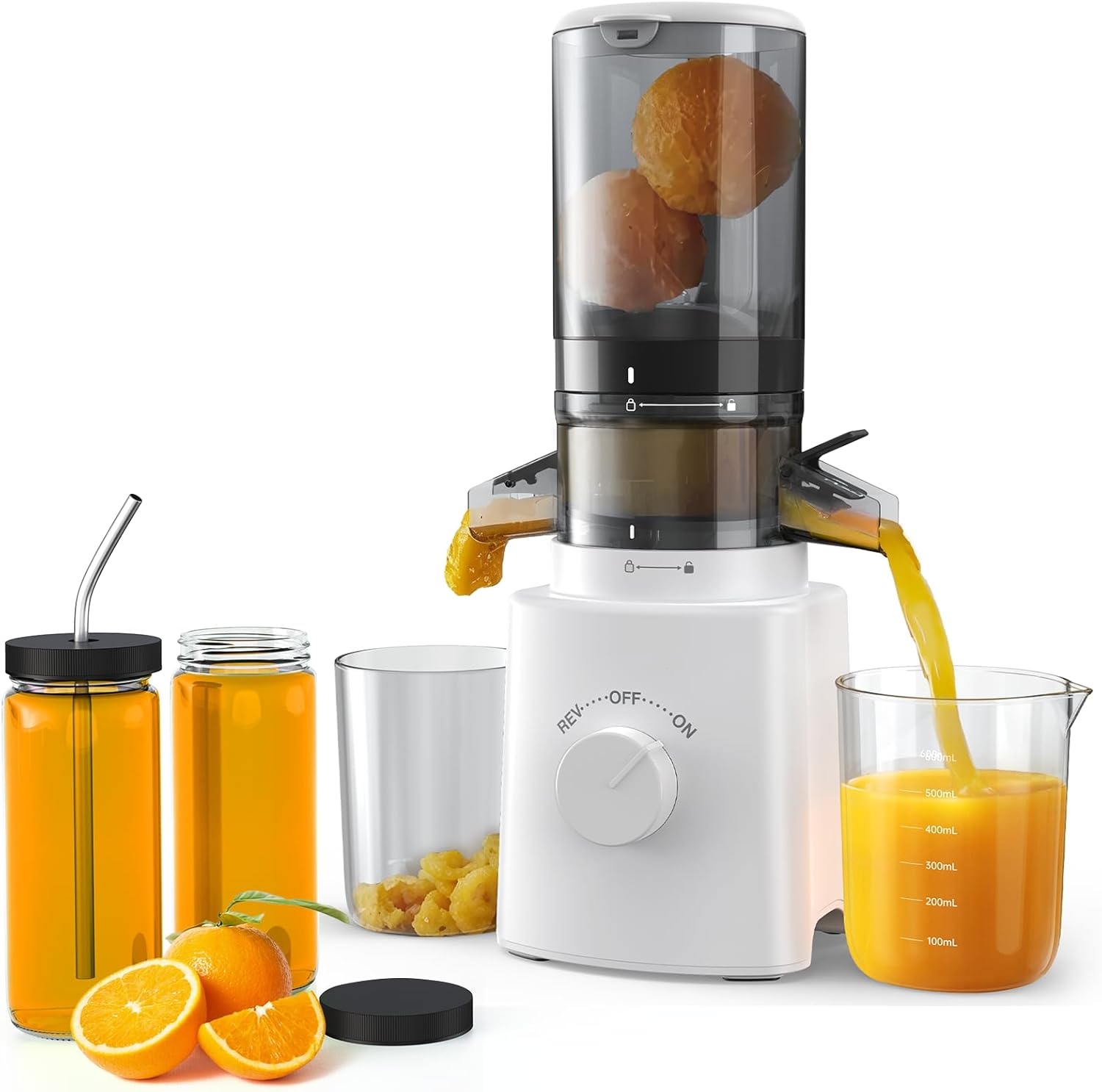 Cold Press Juicer with 8 Juice Bottles - Masticating Juicer Machines for Fruits and Veggies, 4.25" Large Feed Chute, Easy to Clean