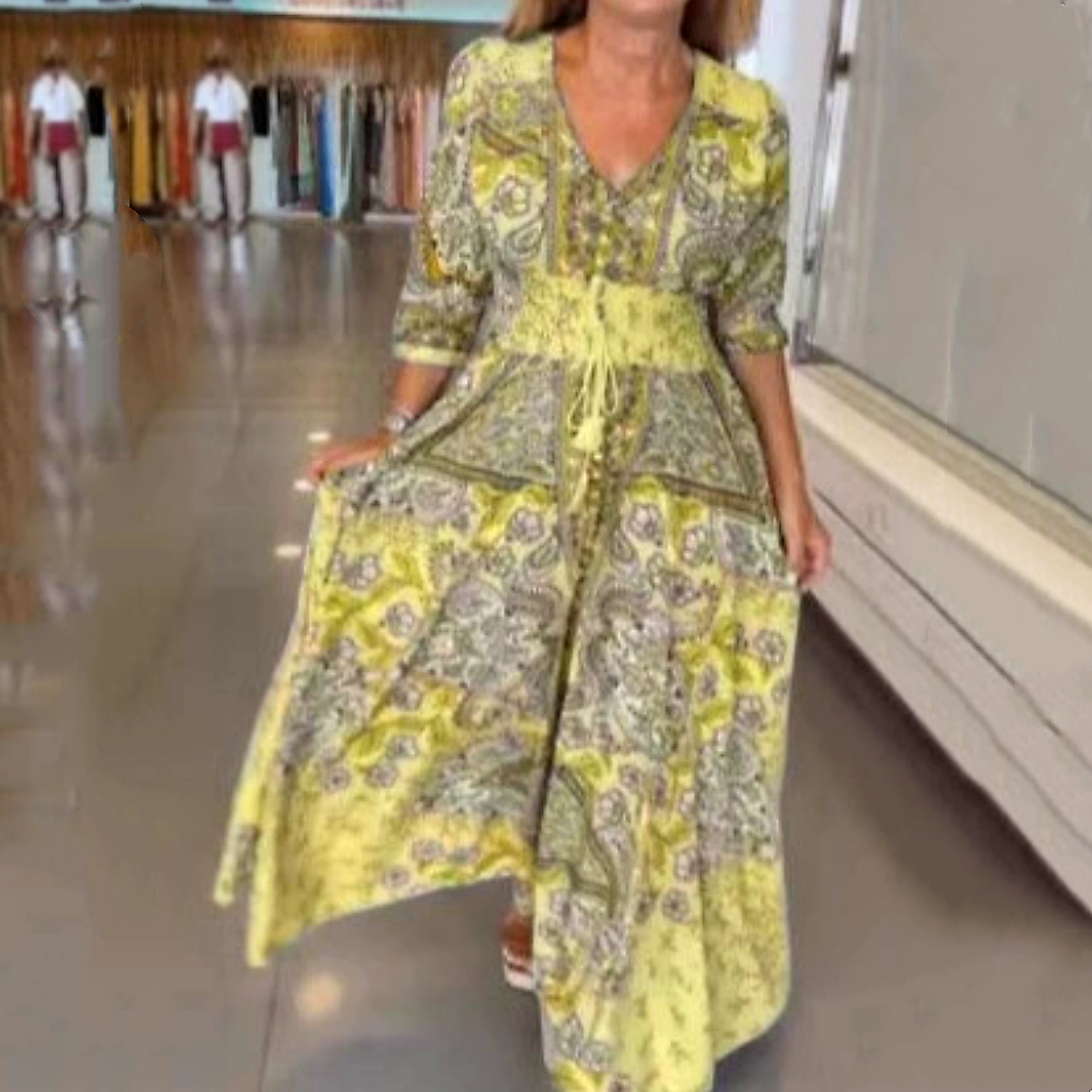 Women’s Elegant Floral Drawstring Long Dress