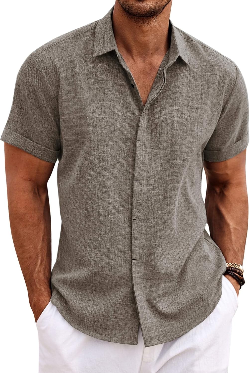 Men's Cotton Linen Short Sleeve Button Down Shirt