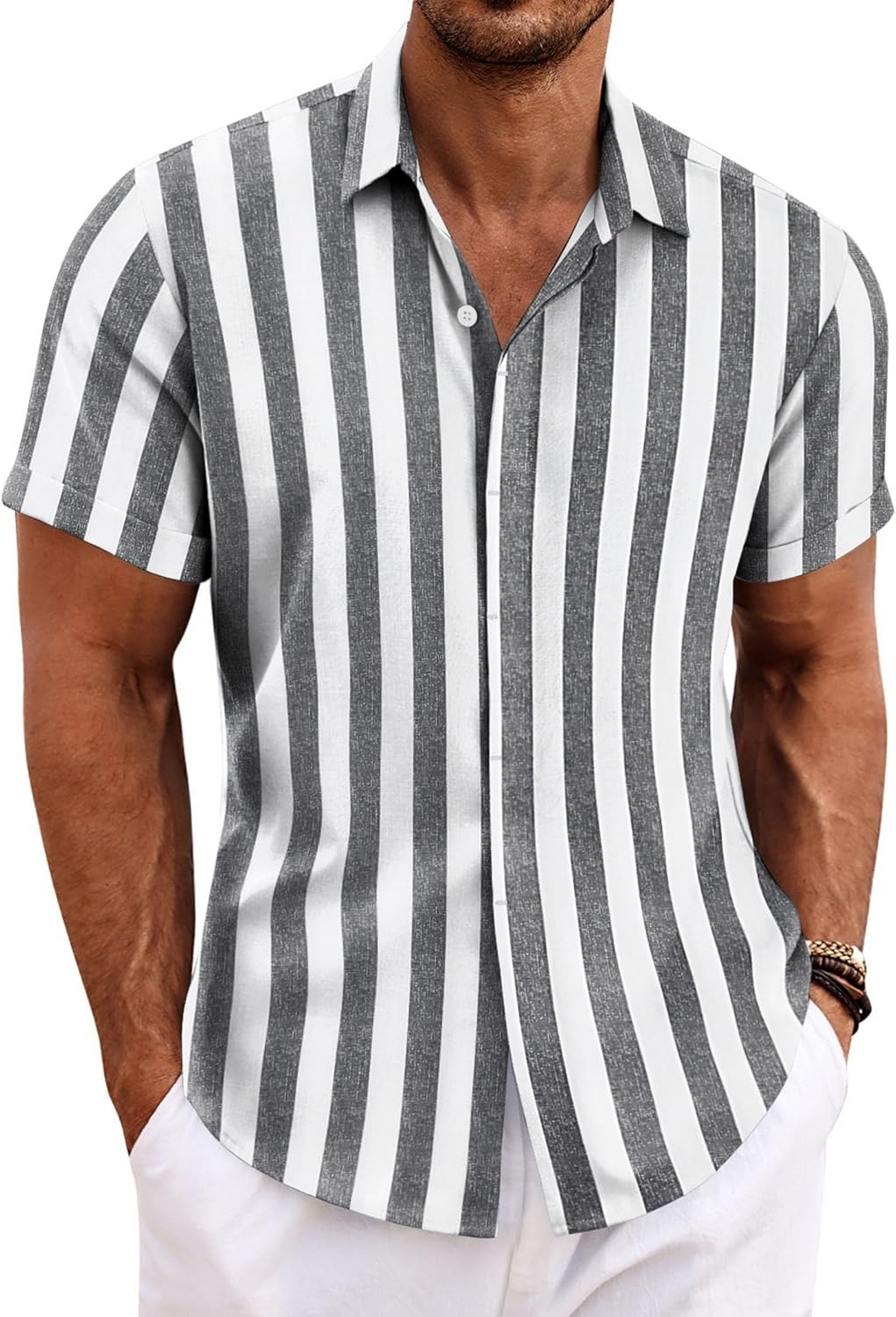 Men's Cotton Linen Short Sleeve Button Down Shirt