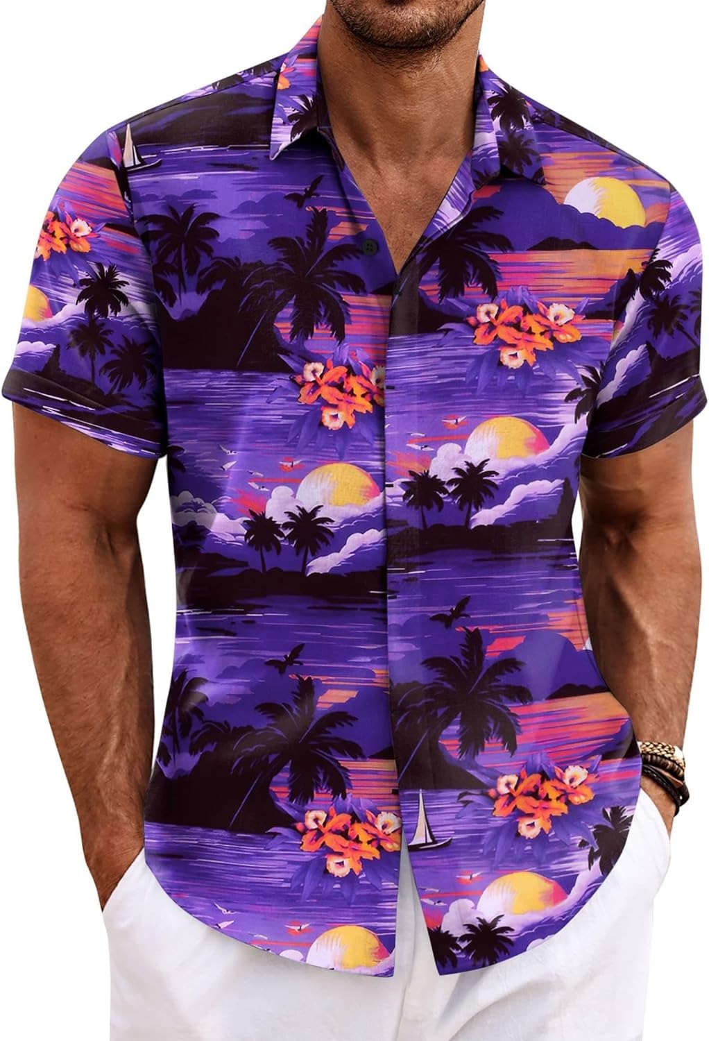 Men's Cotton Linen Short Sleeve Button Down Shirt