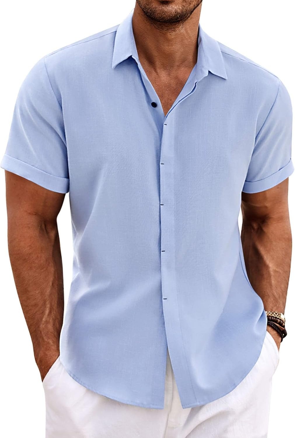 Men's Cotton Linen Short Sleeve Button Down Shirt