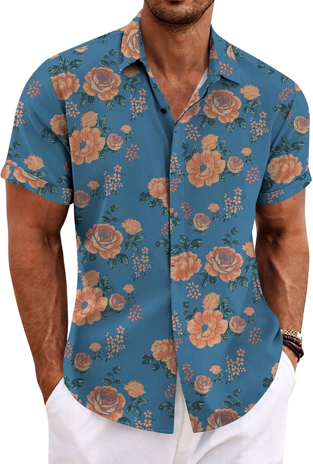 Men's Cotton Linen Short Sleeve Button Down Shirt