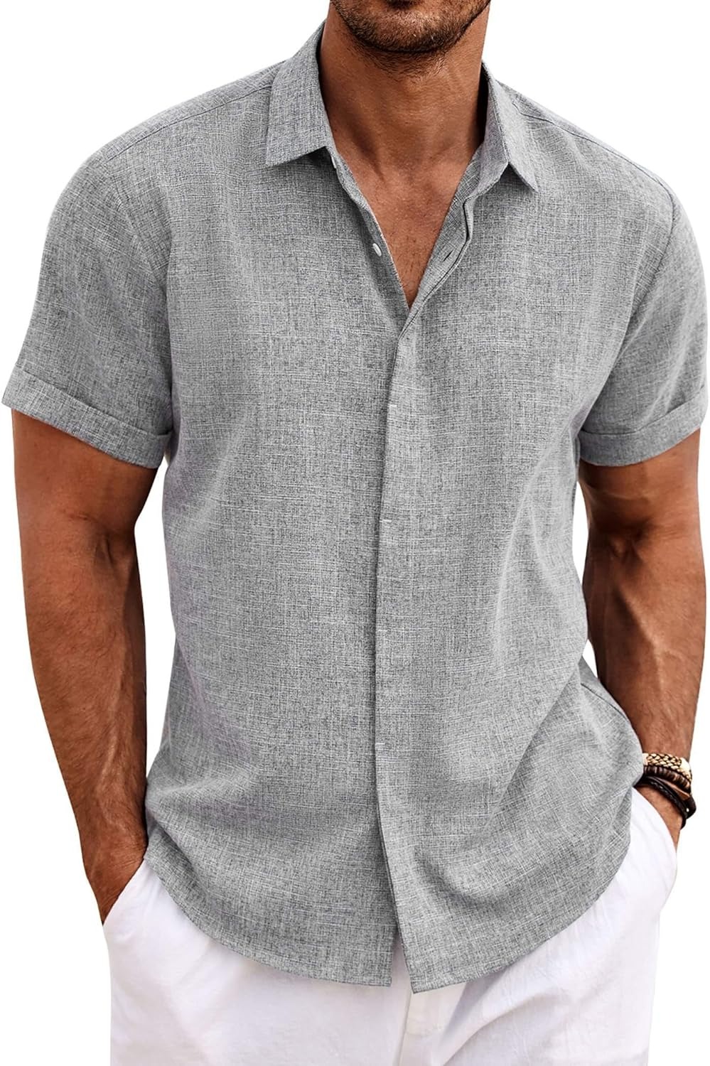Men's Cotton Linen Short Sleeve Button Down Shirt
