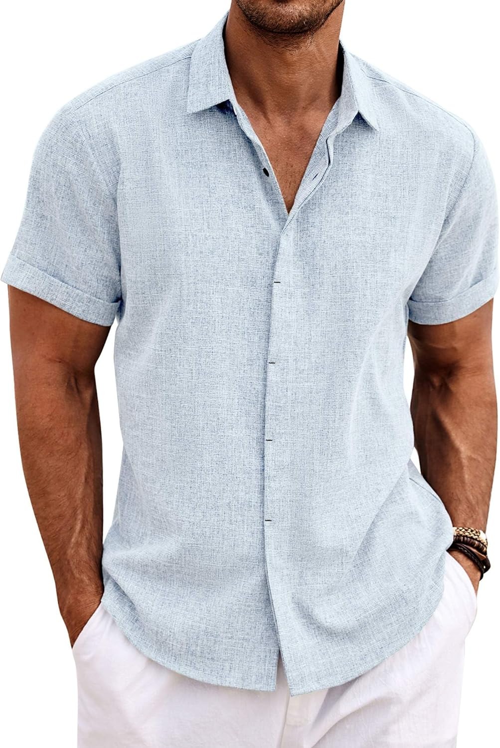 Men's Cotton Linen Short Sleeve Button Down Shirt